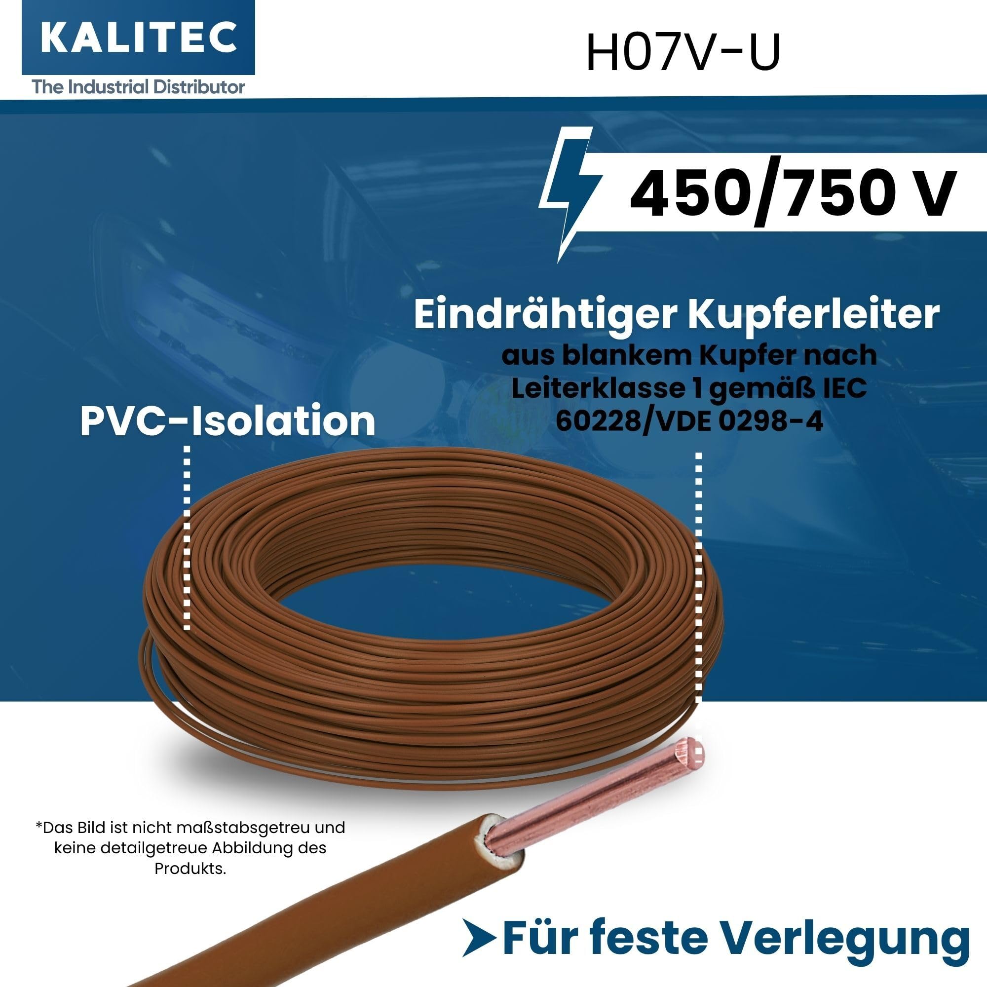 Kalitec 100m Cavo Unipolare H07V-U 2,5 mm² Marrone - Filo Rigido in Rame
