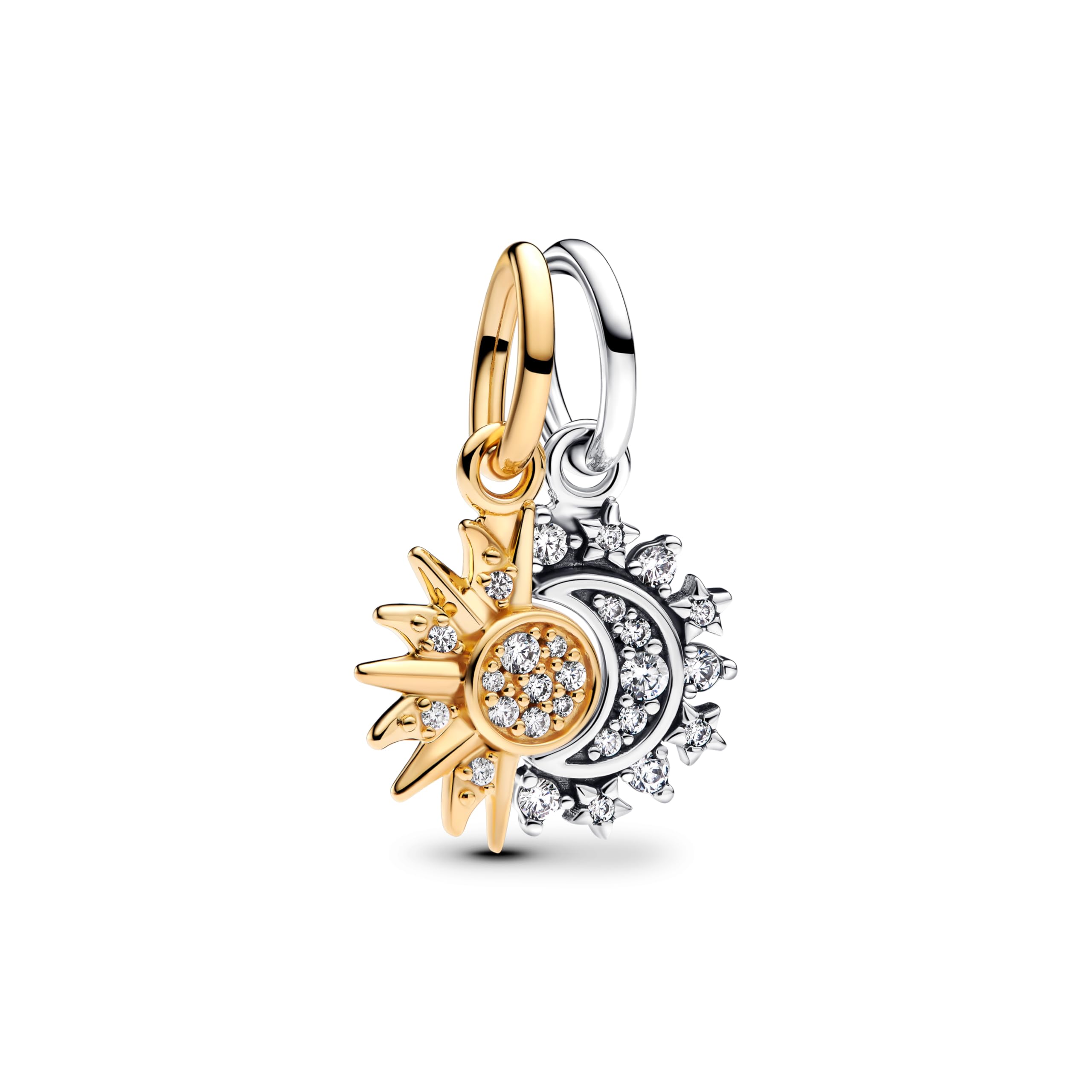 Silver and 14k Gold-Plated Splittable Sun and Moon Dangle Charm with Clear Cubic Zirconia