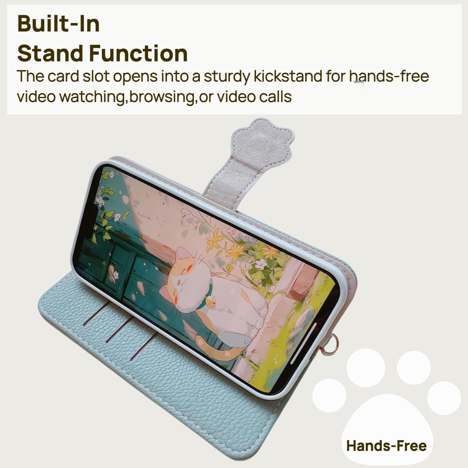 Wallet Case for iPhone 16 Pro, Cute Cat Paw PU Leather Flip Cover with Card Slots, Light Blue