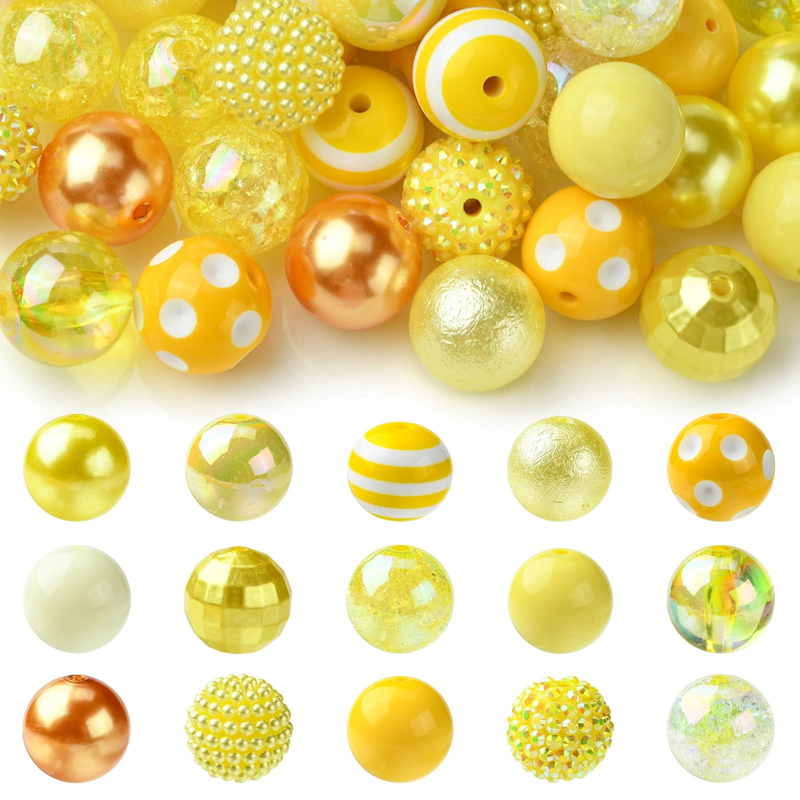 UR URLIFEHALL 50 Pcs Yellow Bubblegum Beads 20mm Round Rhinestone Beads Acrylic Plastic Gumball Beads for Beadable Pens Jewellery Making Crafts