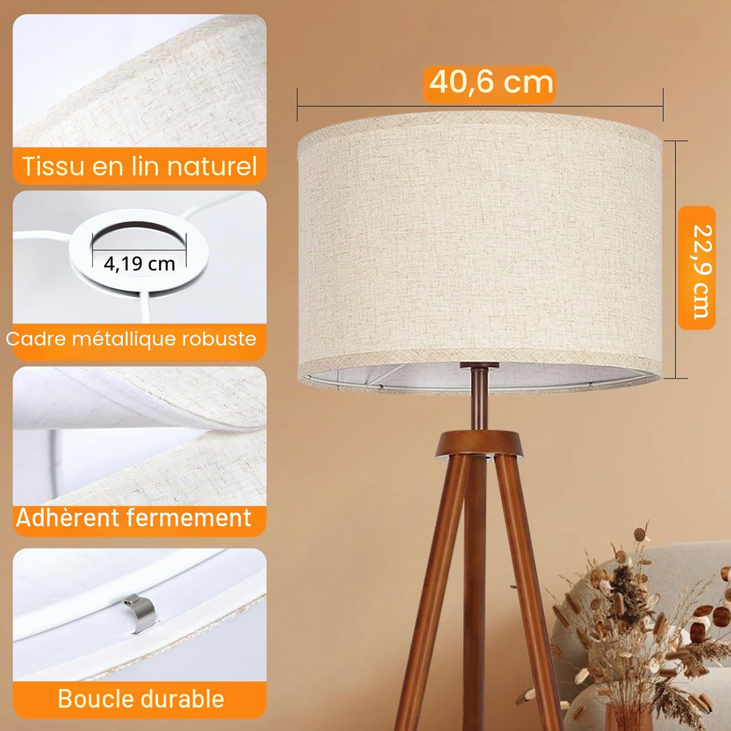 OUTON Beige Grand Abat-jour pour Lampadaires, 40,6cm x 40,6cm x 22,9cm, Facile à Monter, Abat-jour de Remplacement en Forme de Tambour en Lin pour Lampes de Table et Lampes de Chevet
