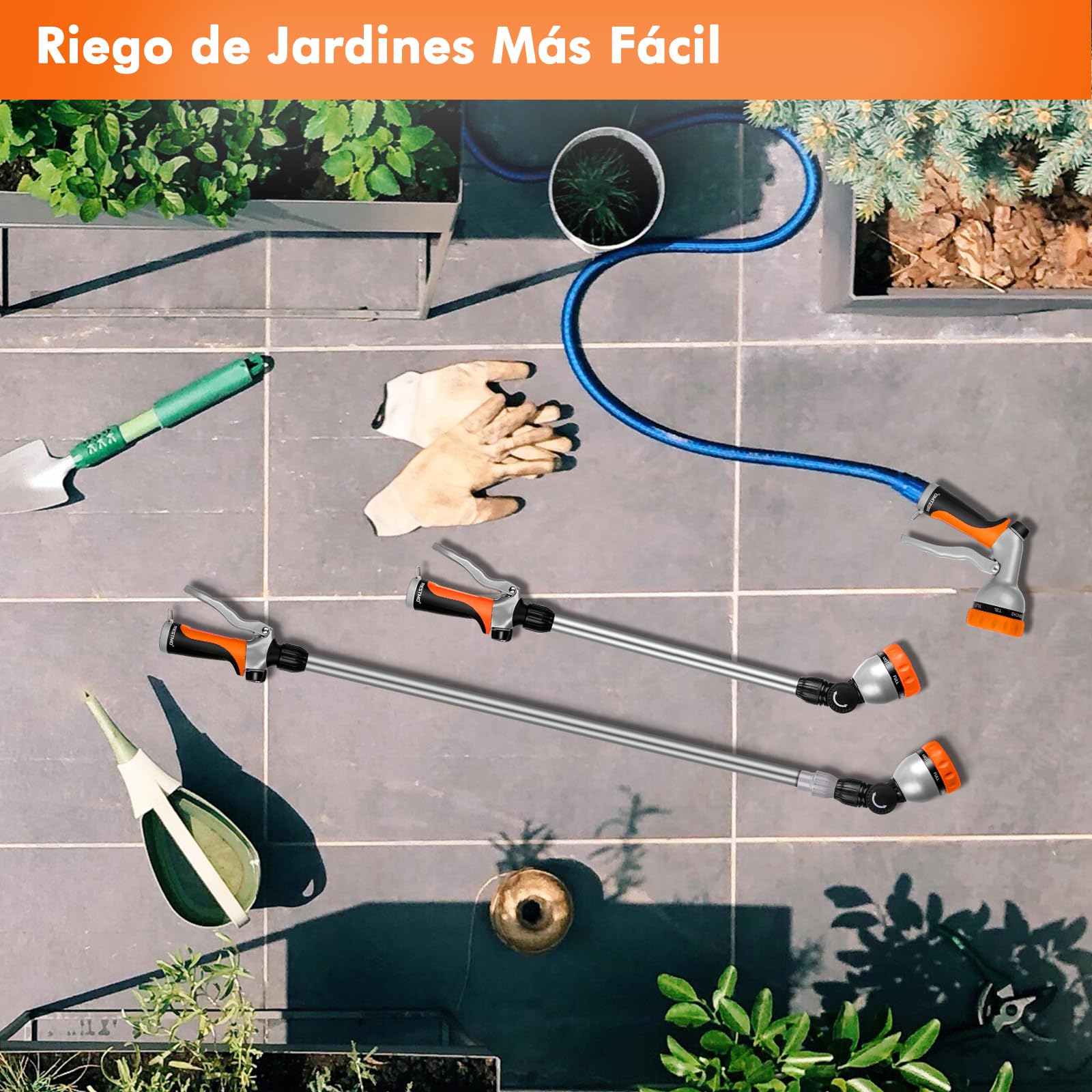 RESTMO Lanza de Riego Telescópica 92-152 cm de Metal, Largo Pistola de Riego para Jardín con Cabeza Giratoria 180°, 7 Modos de Pulverización Ajustable, para Macetas Colgantes y Arbustos, Naranja