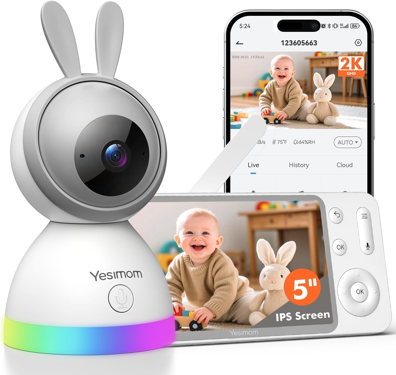 Monitor de bebé WiFi 2K con aplicación y pantalla de 5 pulgadas, cámara de 3 MP sin visión nocturna de luz roja, seguimiento automático de 360°, detección de llanto, luz nocturna, canciones de