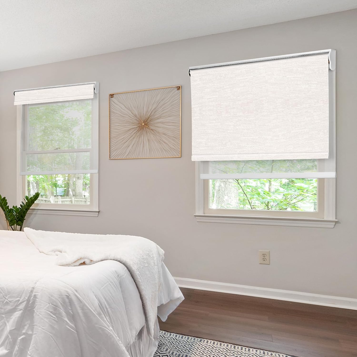 Dual Roller Shades for Windows Custom to 88" Width Day and Night Double Layer Shade Blackout and Light Filtering Blinds with Valance Jacquard Beige+ Foggy White