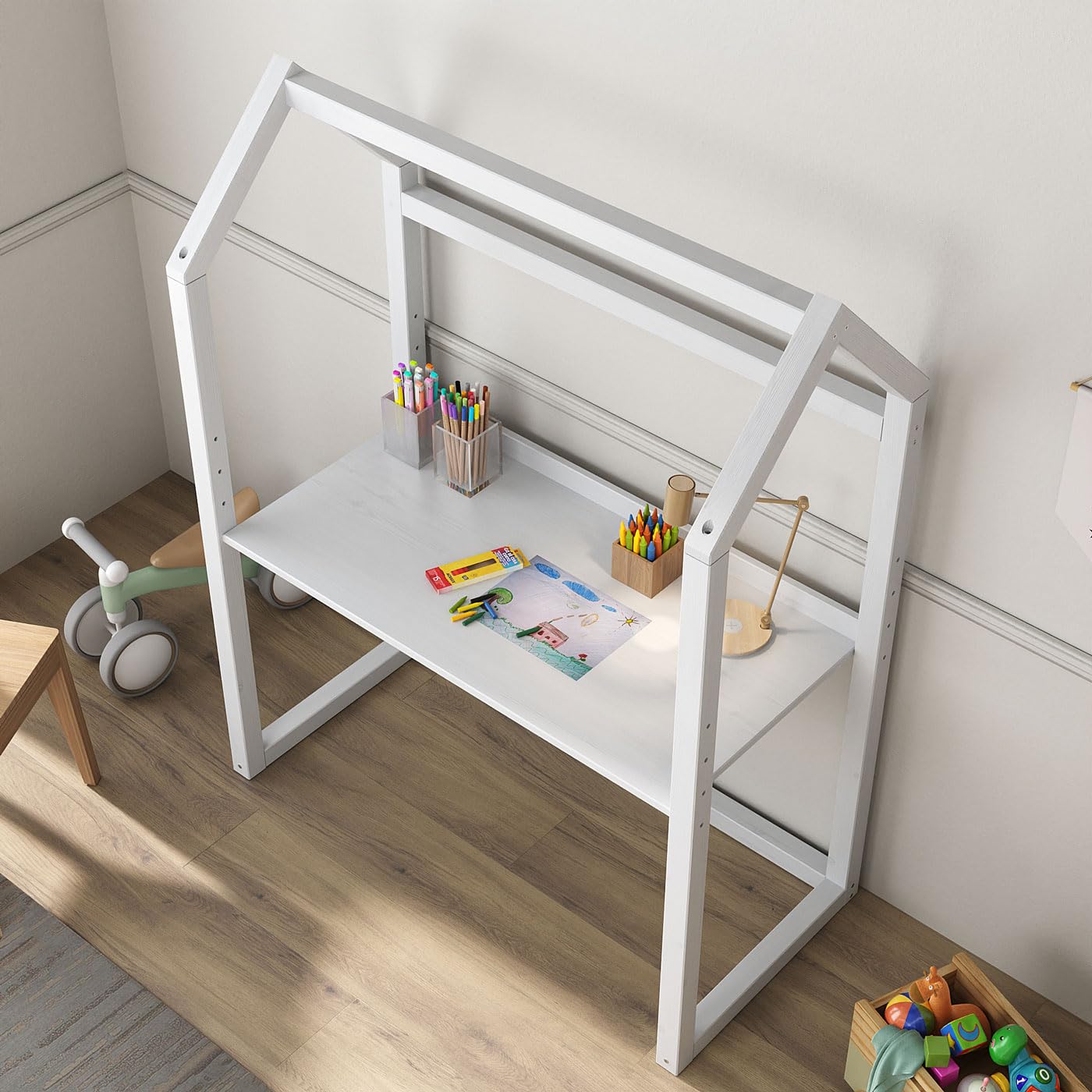 IDIMEX Kinderschreibtisch Tina in Hausform, weiß - höhenverstellbarer Schreibtisch für Kinderzimmer, mitwachsend und individuell anpassbar, aus Kiefer Massivholz