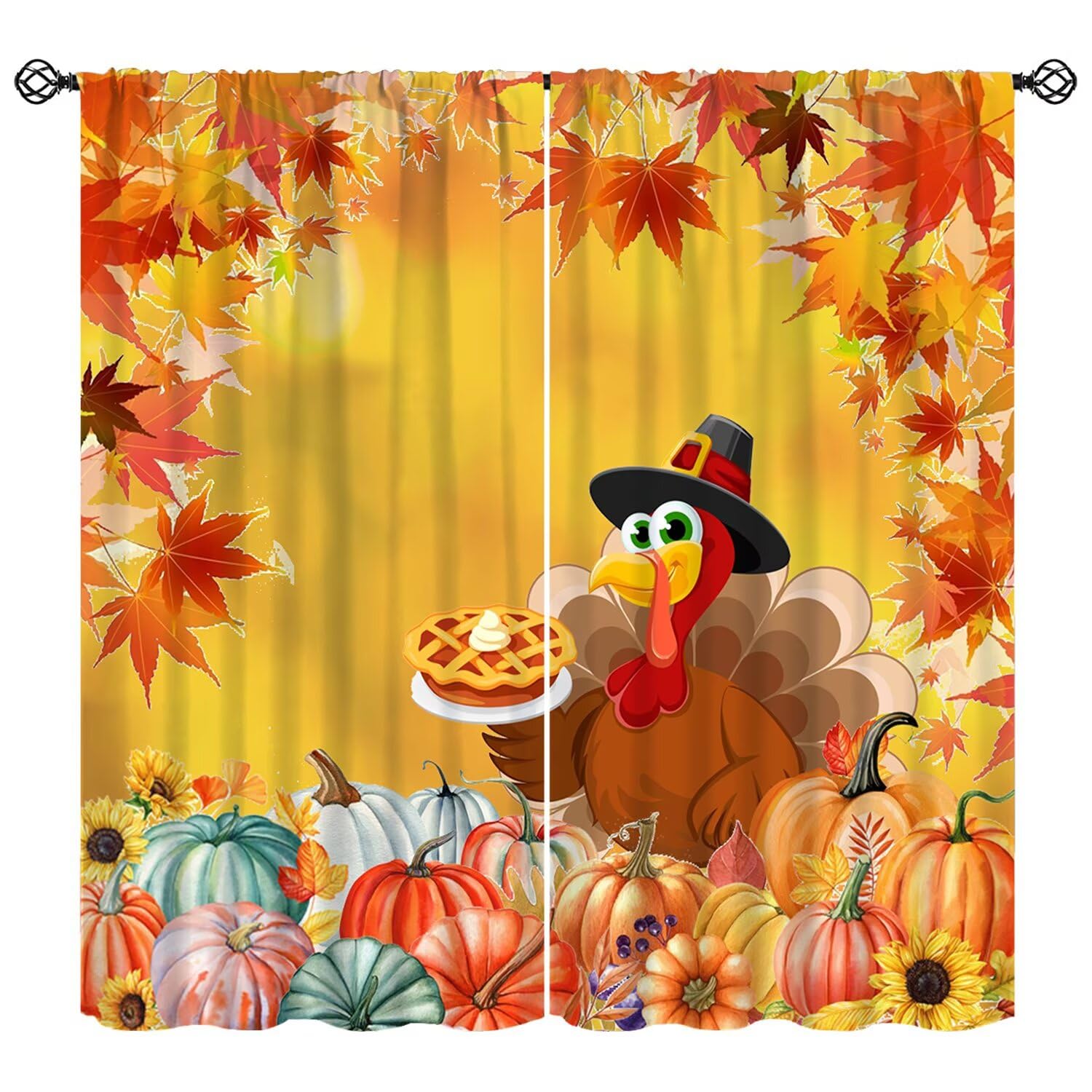 Thanksgiving Curtain Fall Maples Leaves Pumpkins Window Treatment Rustic Autumn Harvest Turkey Farm Farmhouse Drapes for Bedroom Living Room Kitchen W42xL54in(Decor)