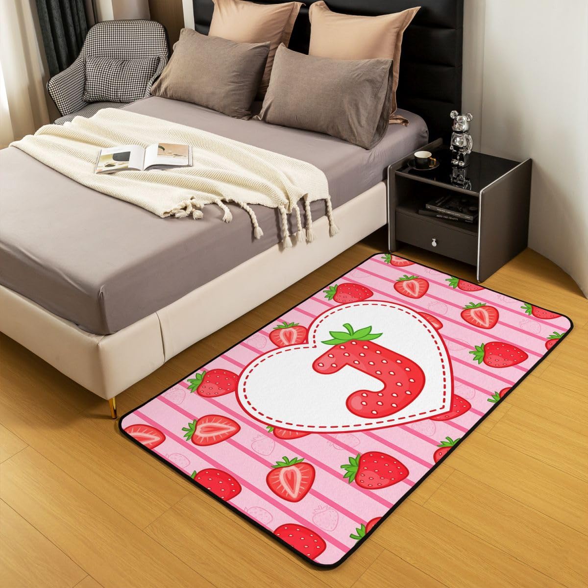 Loussiesd Tapis de Salon 100x150cm Fraise Tapis Chambre Personnalisé Lettre J pour Salon Chambre Cuisine ou entrée Kawaii Strawberries Moderne Alphabète Lettre Letter pour d’intérieur d'extérieur