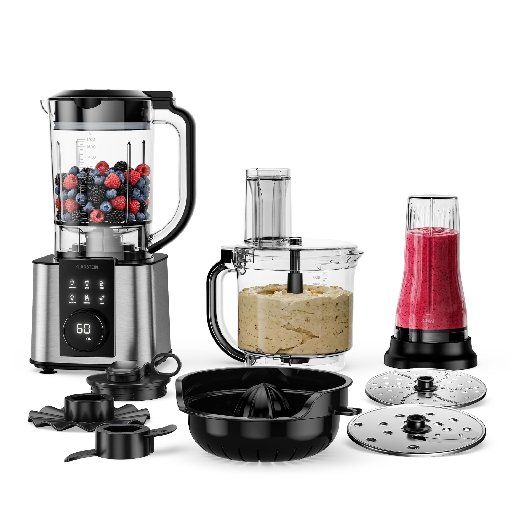 Klarstein Verosteel Robot da Cucina con Frullatore - Robot da cucina multifunzione da 1200 W, ciotola da 2 L, frullatore da 1,75 L, 10 velocità, 6 programmi, spremiagrumi e tritacarne