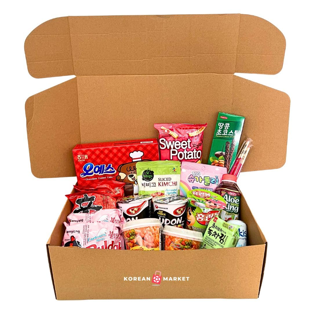 Korean Market | Caja Sorpresa de Comida Coreana (Duo Edition) | Para 2 Personas | Snacks, Ramen, Kimchi, Tteokbokki, Algas, Dulces, Bollería, Sticks de Chocolate y Palillos