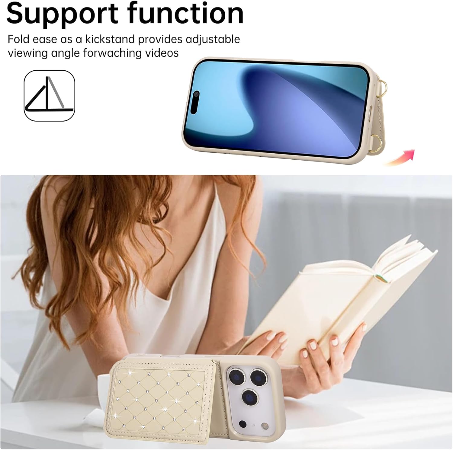 Crossbody Wallet Case for iPhone 17 Pro(6.3") with Detachable Strap - PU Leather Flip Folio with Card Slots & RFID Blocking, Sparkling Diamond Accents-Beige - Image 8