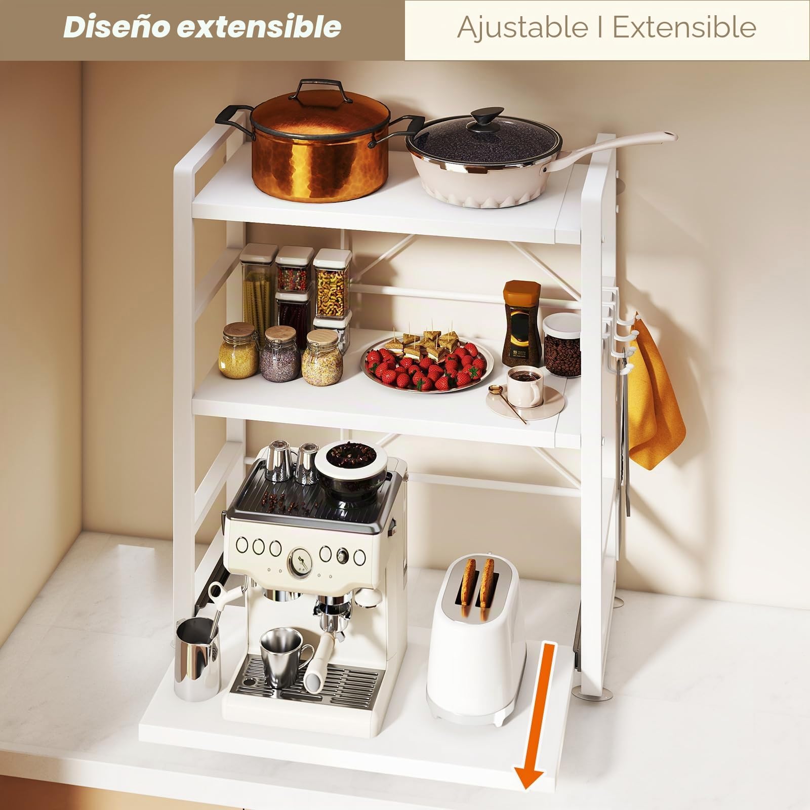 Estantería para microondas de 3 puertas, altura ajustable y extensible, con cajón, de acero al carbono, incluye ganchos y ventosas de refuerzo, estante para panadería (blanco)