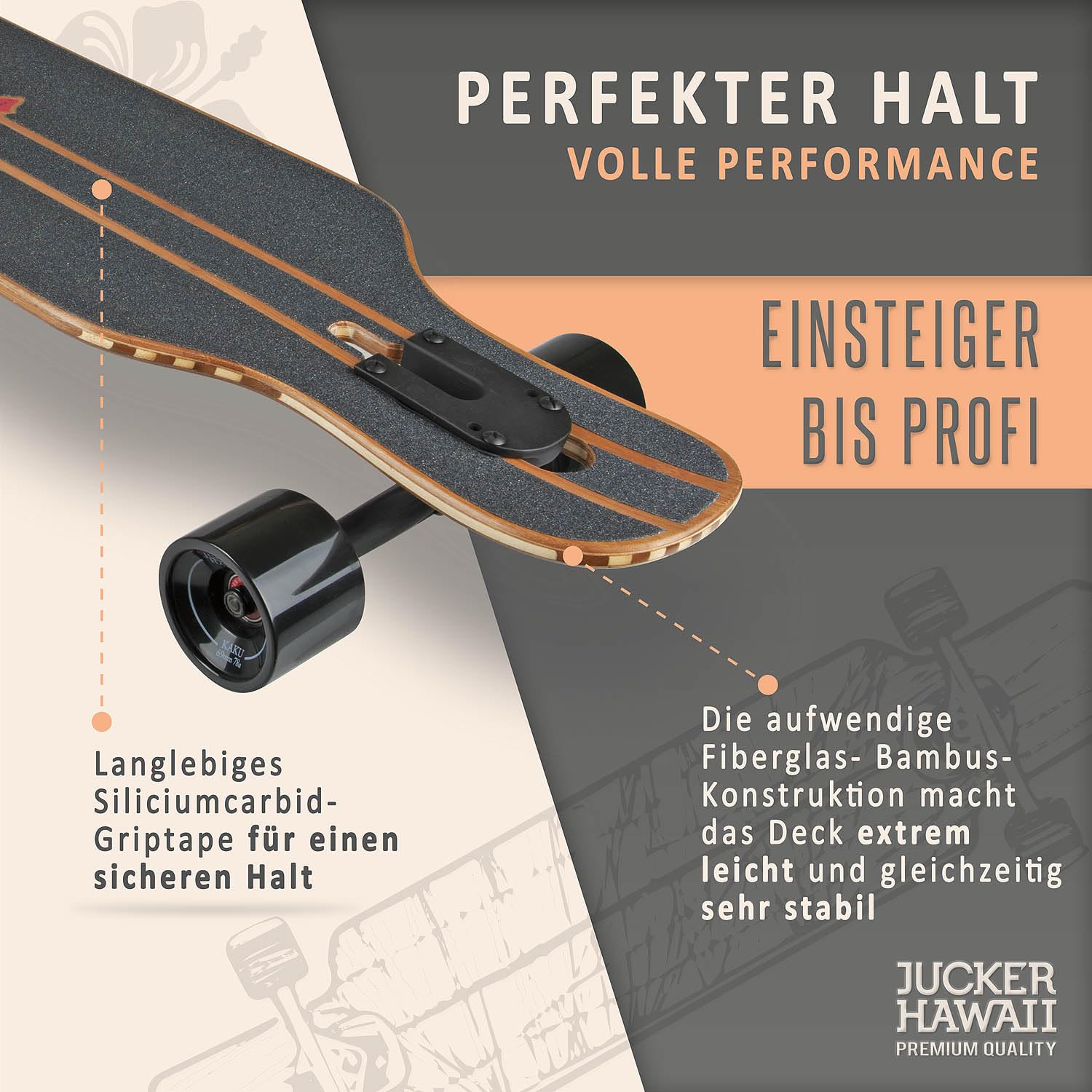 JUCKER HAWAII Longboard HOKU - Longboards en différents Designs et Niveaux de Flexion Construction en Fibre de Verre avec du Bambou et de l'érable