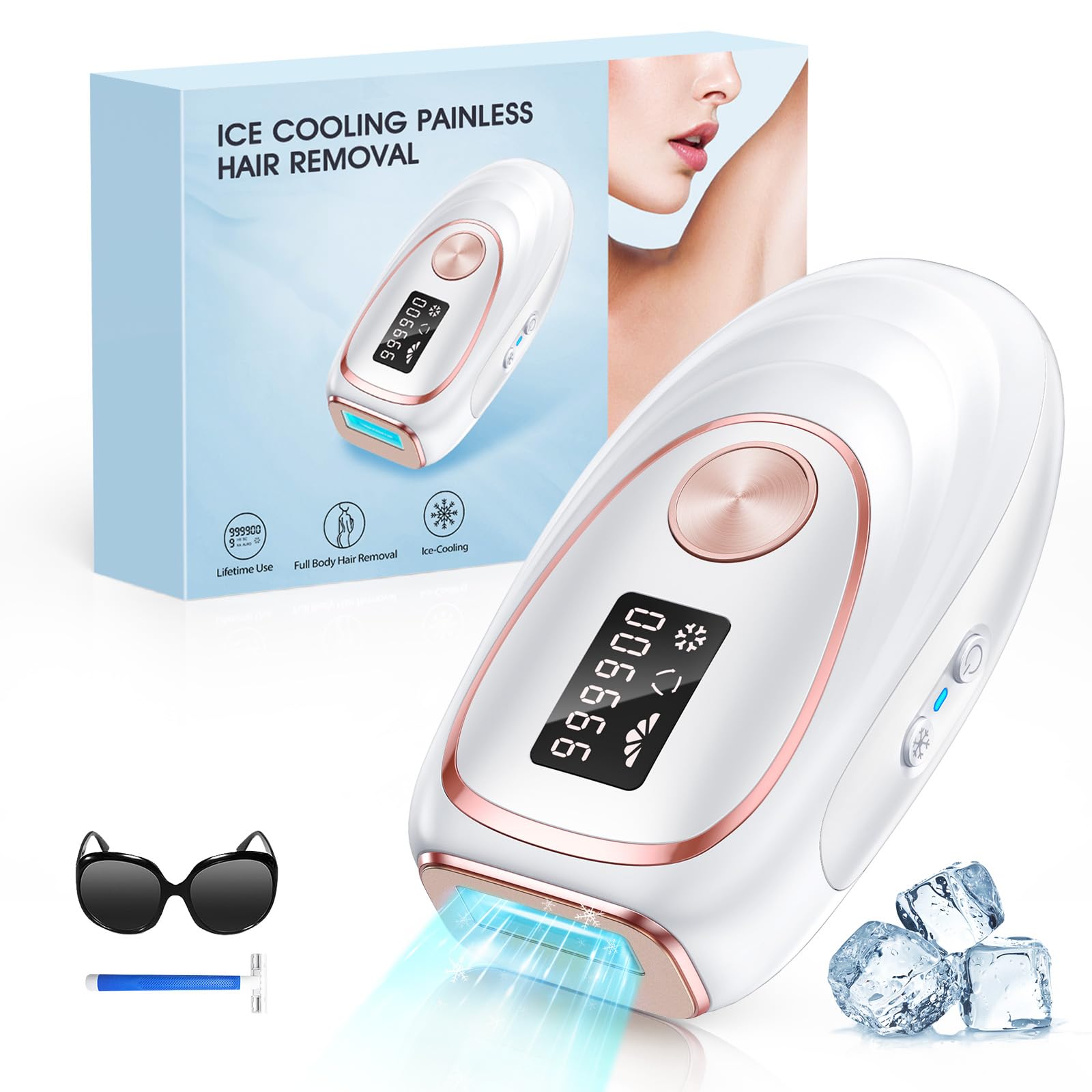 Depiladora de Luz Pulsada IPL con Función de Enfriamiento, 999,900 Flashes, 5 Nivel de Energía, Depiladora Láser Indolora para Mujeres, Hombres, Rostro, Axilas, Piernas y Cuerpo Bilanco