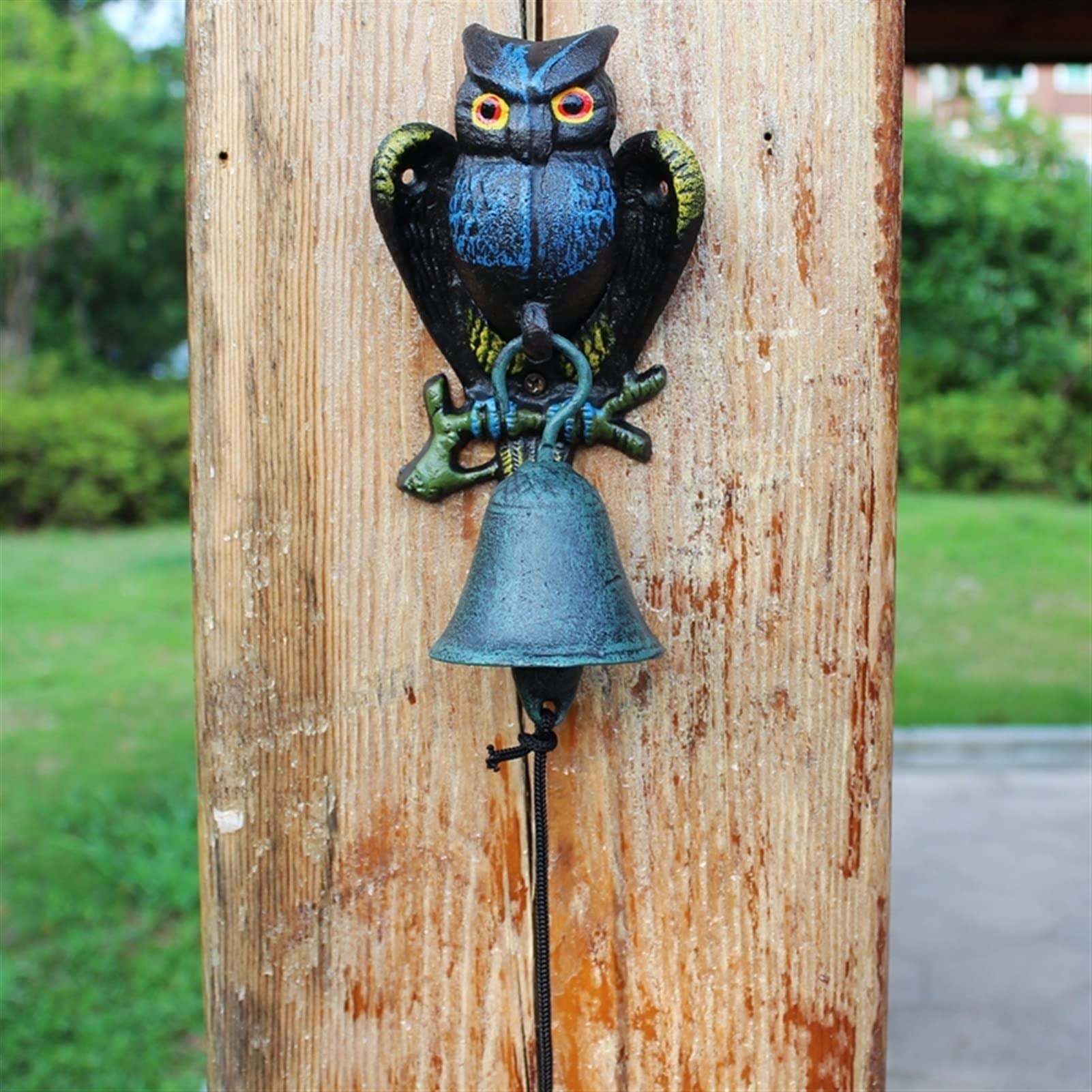 doorbell, Wall Hanging Doorbell Hand Painted Blue Owl Cast Iron Bell Home Garden Decor