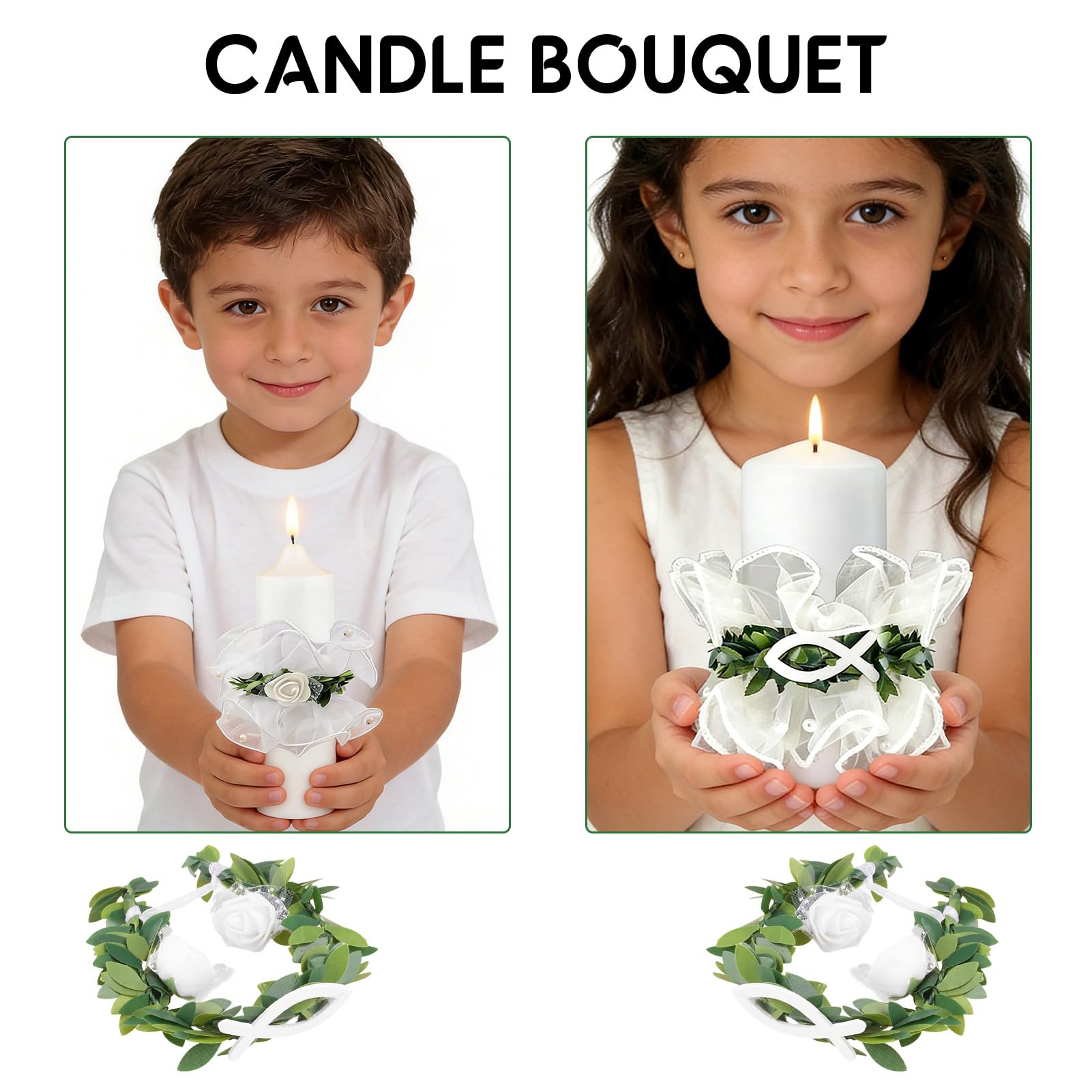 Dargkwn 2 velas antigoteo, para bautizo, comunión, gotas, falda de organza con decoración de peces, para bodas y bautizos, diámetro de 3-6 cm, color blanco — view 5