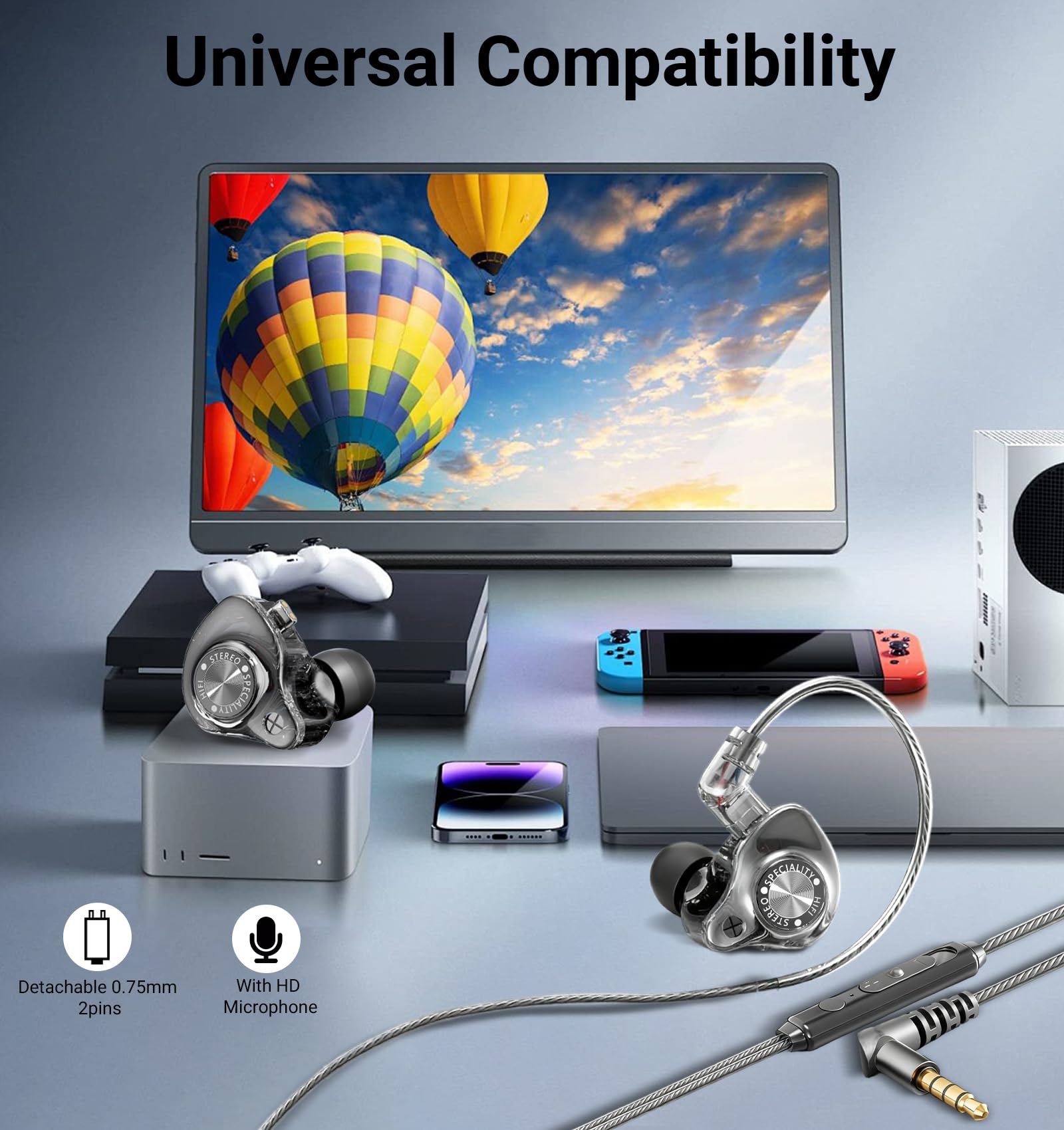 Auricolari IEM cablati, cuffie da gioco S28 con driver dinamico da 10 mm per bassi profondi e suono ad alta risoluzione cristallino, monitor in-ear con cavo staccabile per giochi, musicisti