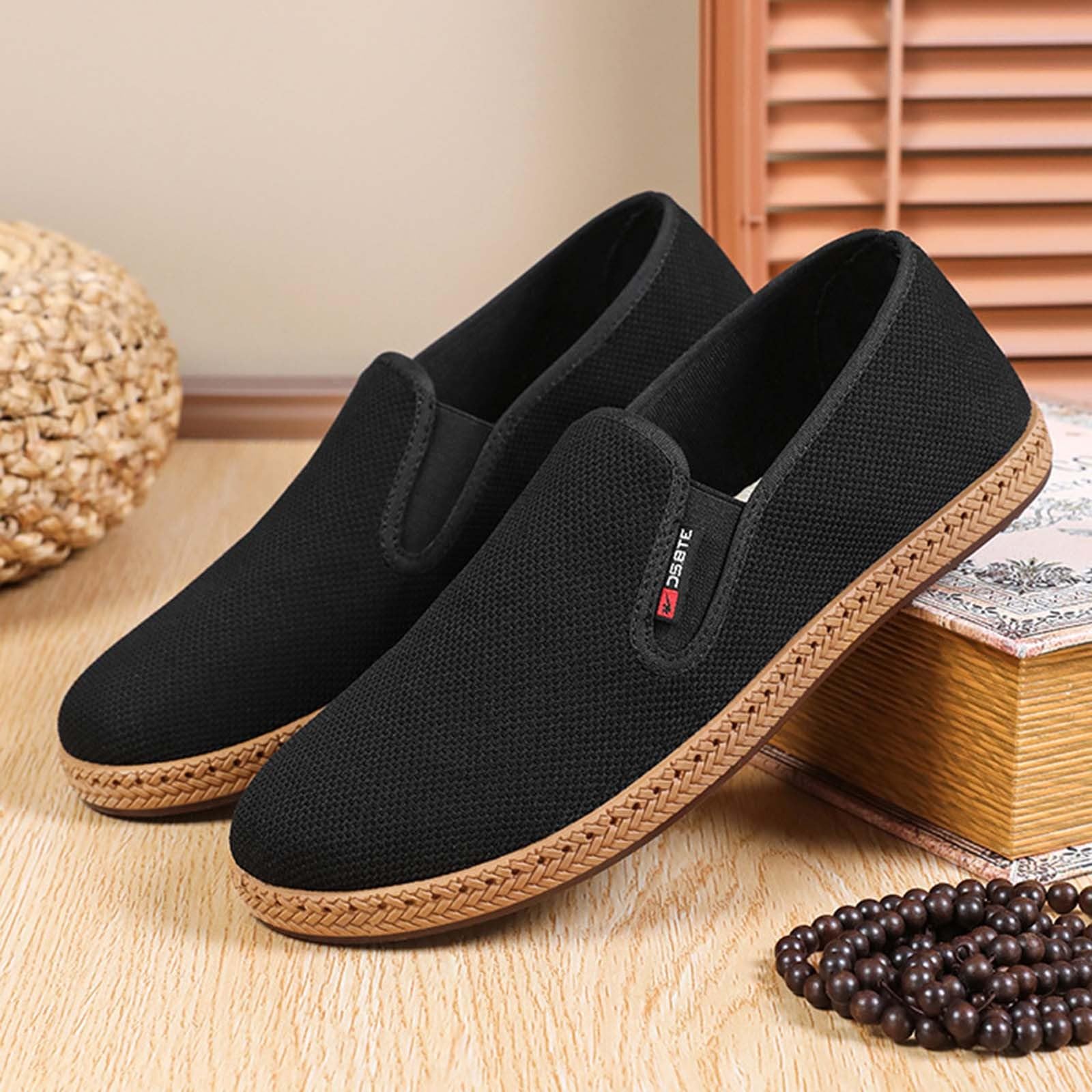 Alpargatas para hombre, color negro, zapatos para caminar, mocasines de malla, transpirables, ligeros, planos, zapatos de verano, suelas suaves, zapatos de tela, zapatos para correr, cómodos zapatos