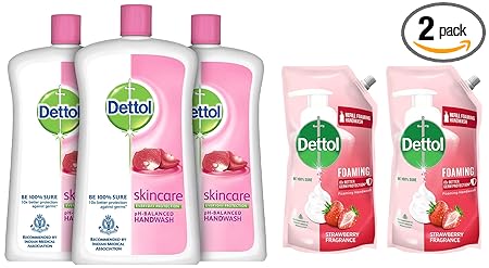 Dettol Liquid Handwash Refill Bottle (Pack of 3-900ml each) & Dettol Foaming Handwash Refill - Strawberry, 700ml (Pack of 2)