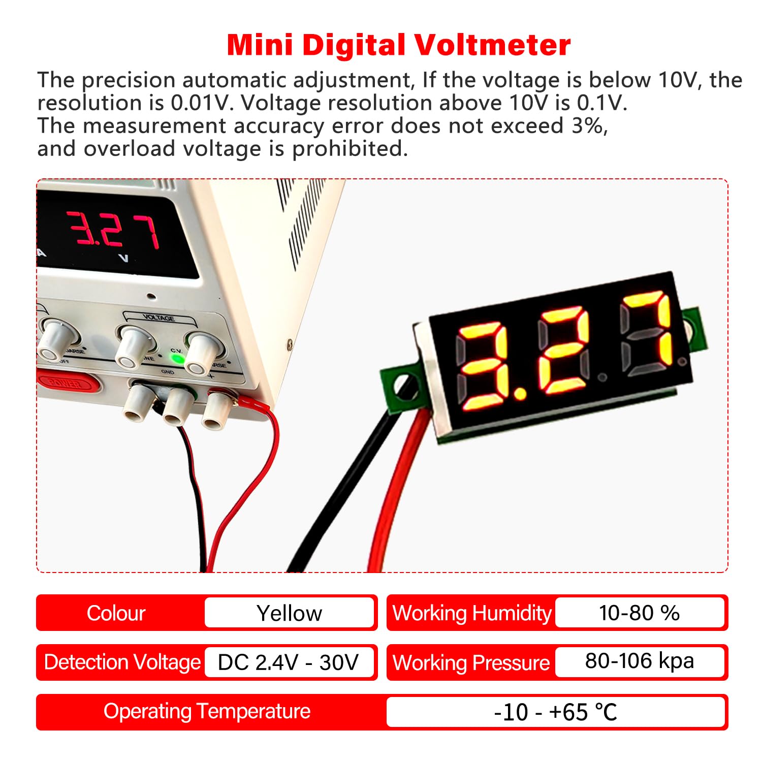 YIXISI 5 Sztuk 0.28 Cala Mini Cyfrowy Woltomierz, Zakres Pomiarowy DC 2.4V-30V Dwuprzewodowy Tester Napięcia, Ochrona Przed Odwrotną Polaryzacją i Dokładny Pomiar Ciśnienia (Żółty)