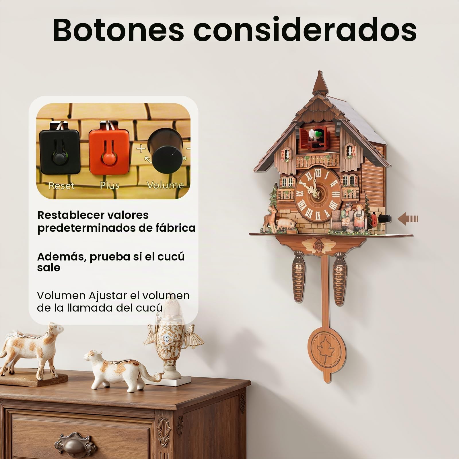 Reloj de Cuco Pared, Moderno, con regulación de Volumen y Funcionamiento a Pilas, Ideal para Dormitorio, Sala de Estar, Oficina y Hotel
