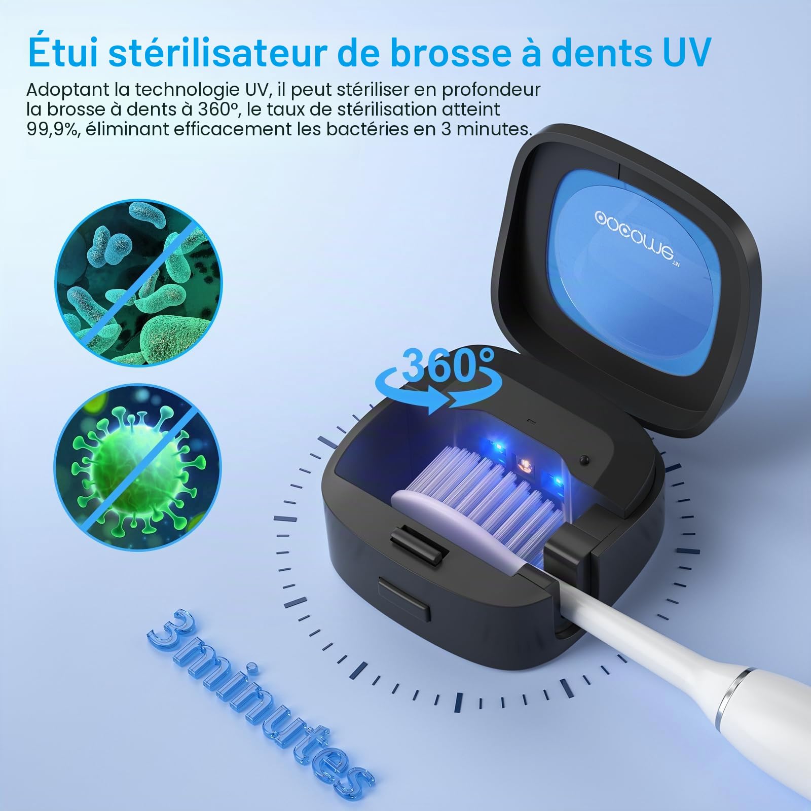 Étui Portable pour Brosse à Dents et désinfectant UV Profond, étui de Rangement pour Brosse à Dents avec Perforation sans Autocollant pour Voyage et Utilisation familiale(Noir)