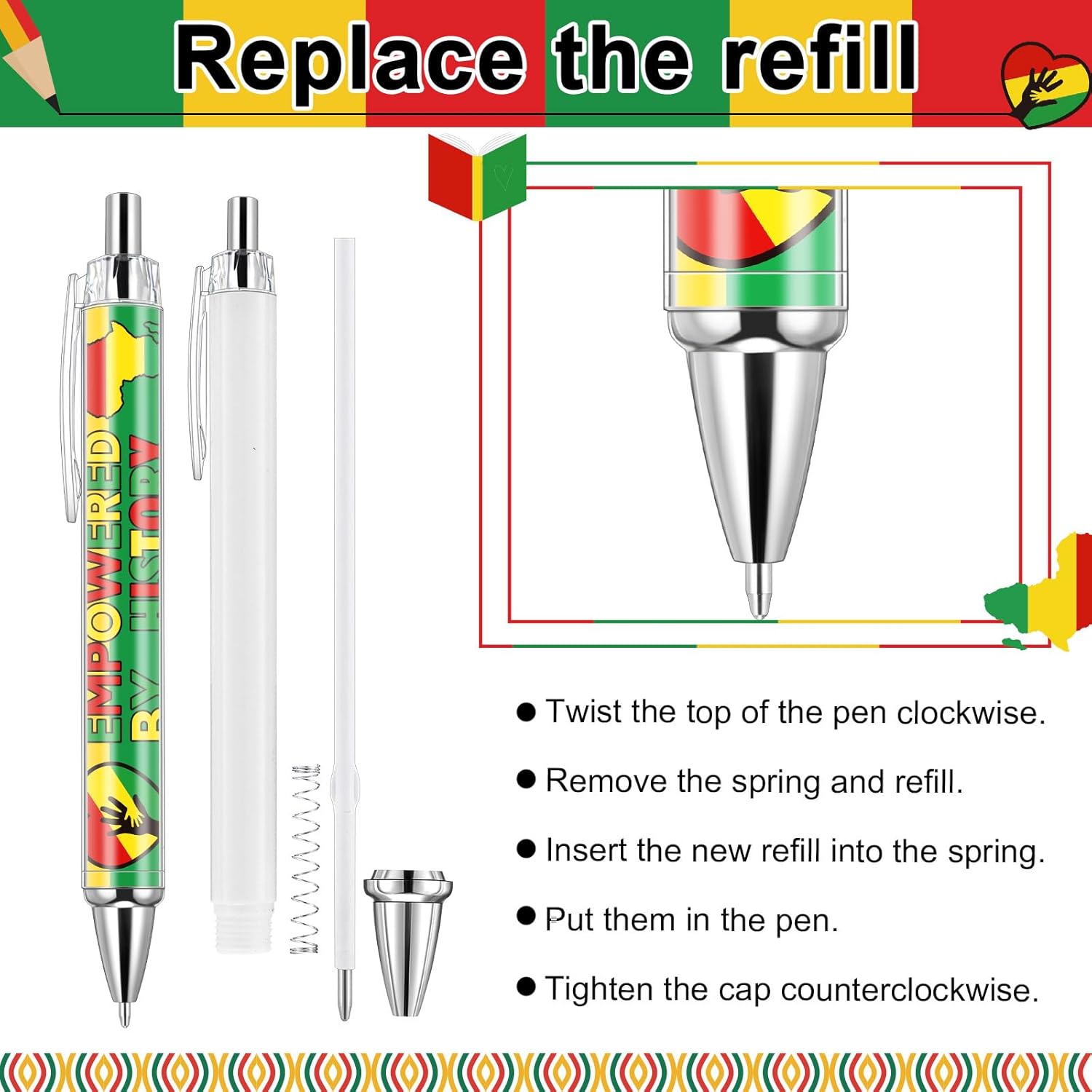 Sayglossy 72 Pcs Black History Month Pens Gift Bulk 1865 African American Freedom Ballpoint Pen Juneteenth Day Educational Prizes for Students Teachers Classroom Office Party Favor