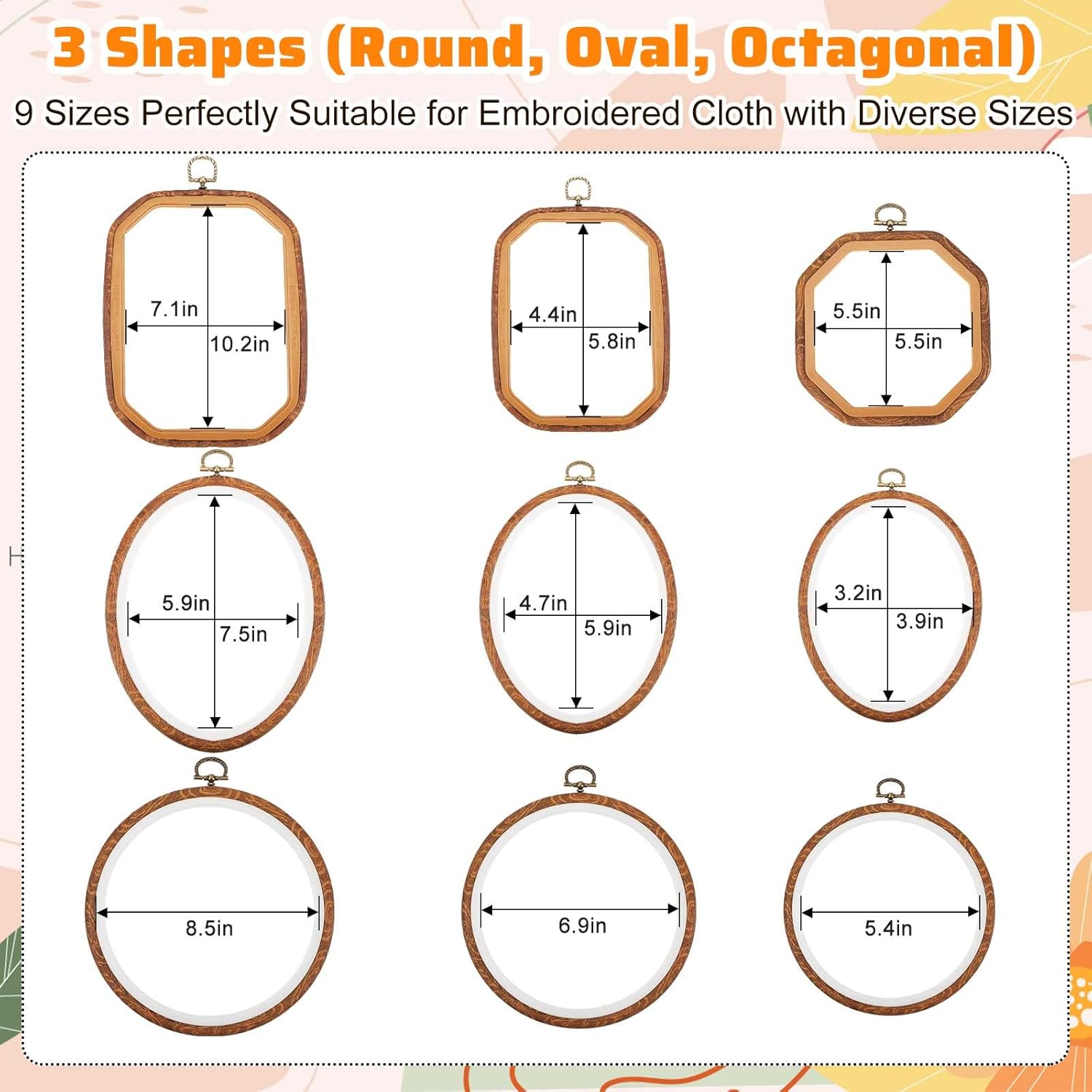 qunclay 9 pcs large embroidery hoop frame decorative imitated wood display frame circle oval octagonal cross stitch hoop ring for diy sewing craft and hanging ornaments decor (mixed shape) 9 mixed shape