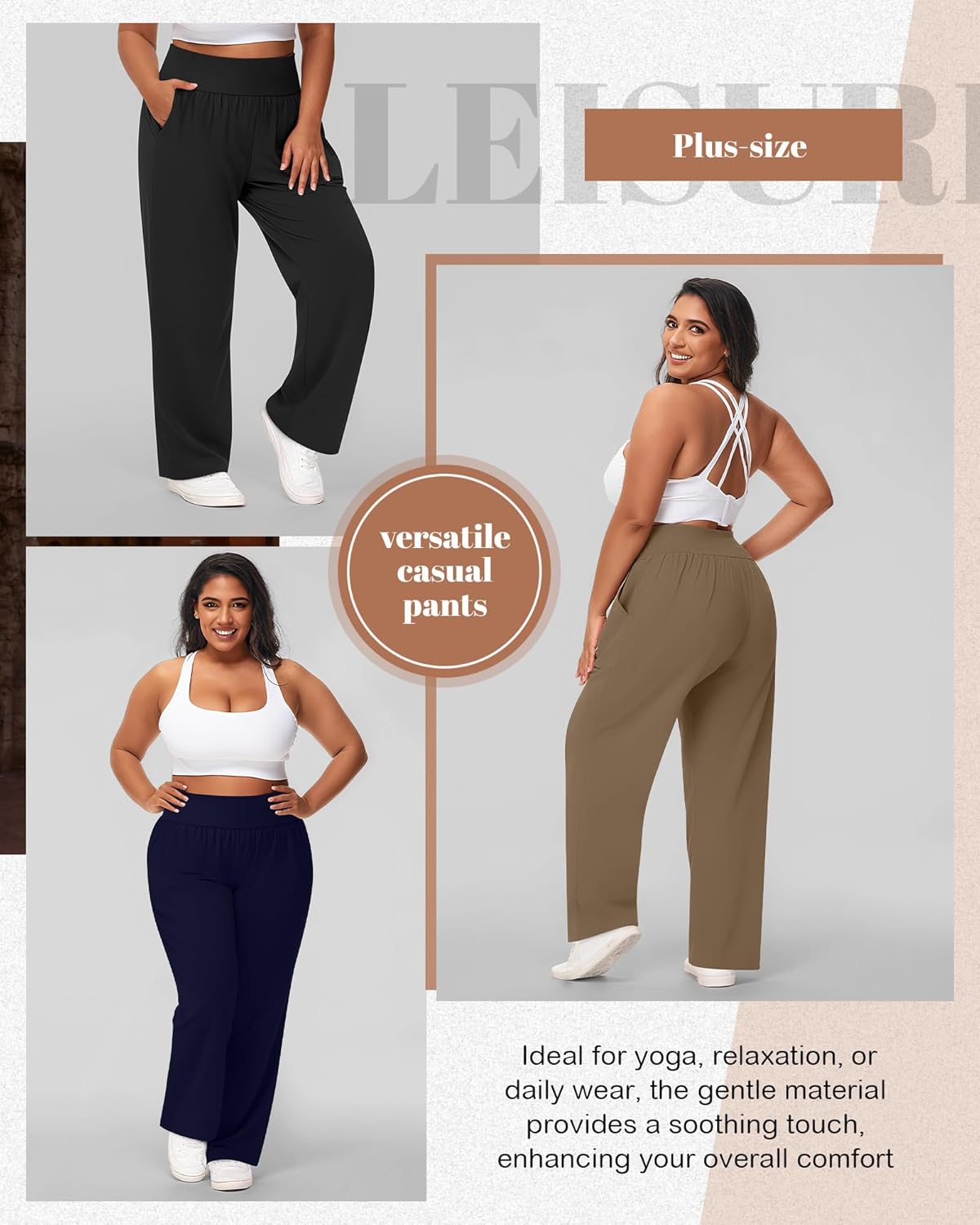 Neer 3 Pack Women Plus Size Wide Leg Yoga Pants High Waist Sweatpants Plus Size Palazzo Pants Lounge with Pockets - Image 6