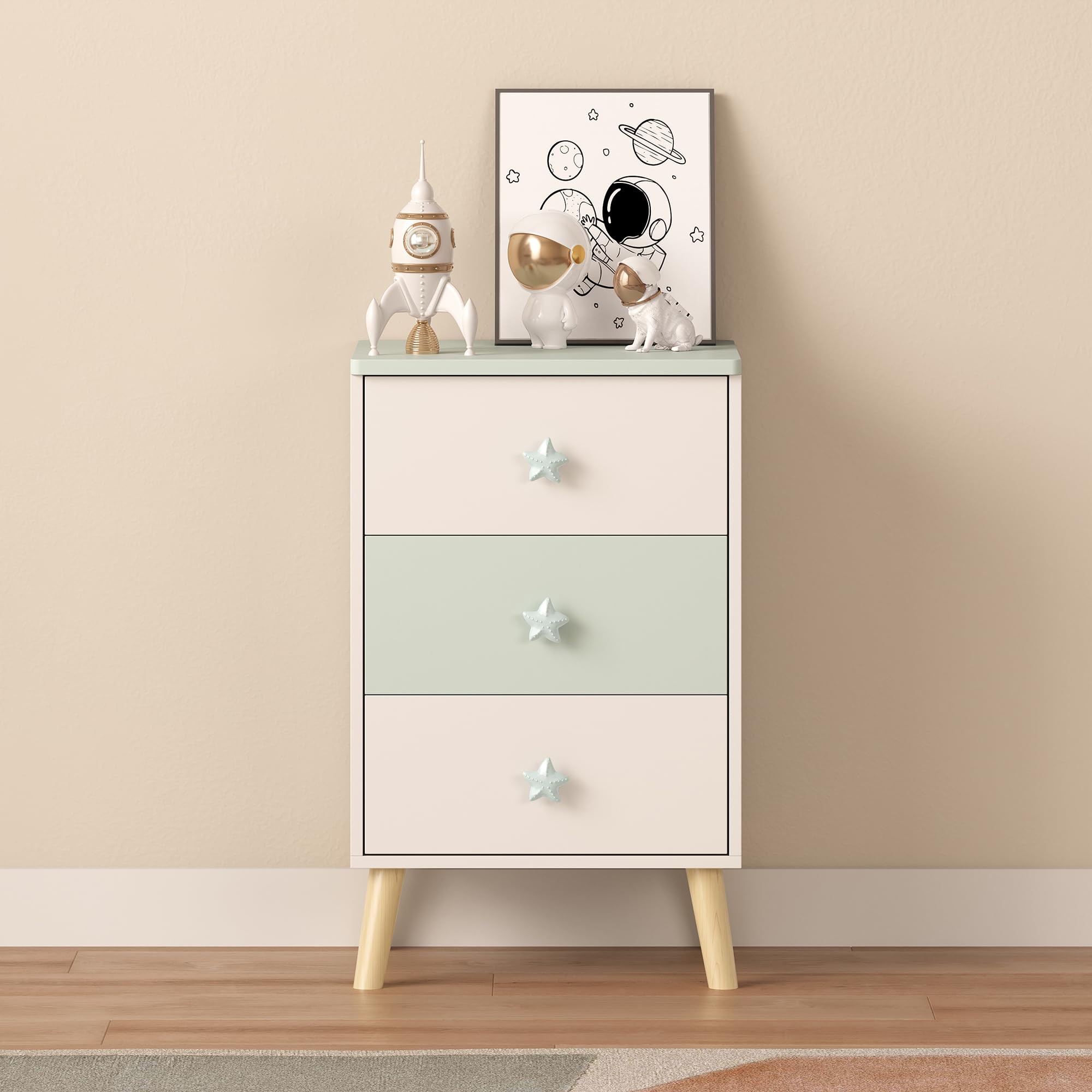 [en.casa] Commode pour Enfants avec 3 Tiroirs Table de Nuit Chevet avec Poignées en Forme de Coeur MDF Panneau de Particules Bois de Pin 62 x 38 x 30 cm Blanc Vert Menthe