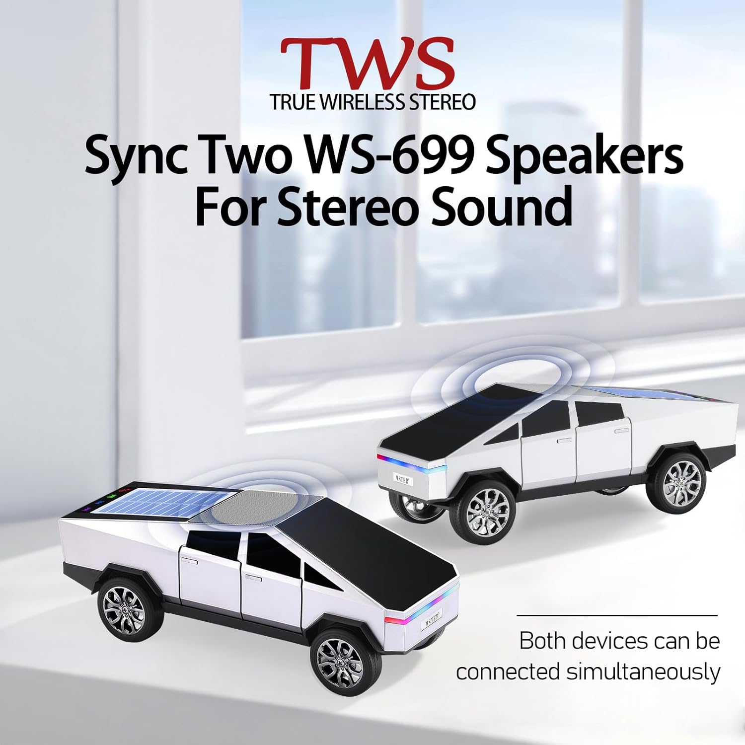 WS-699 Solar Bluetooth Replica Speaker – Future Pickup Truck Design, HD Sound, TWS Stereo Pairing, FM Radio, LED Party Light, USB/TF Playback, Hands-Free Mic, Type-C Charging, Portable Gift (Silver)