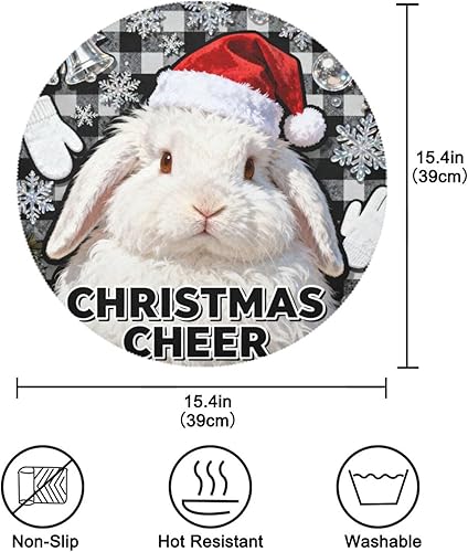 Miniatura 4 de Rabbit Merry Christmas Black Plaid Natural placemats Round Waterproof placemats for Kitchen Table Set of 4 15x15 in manteles para comedor