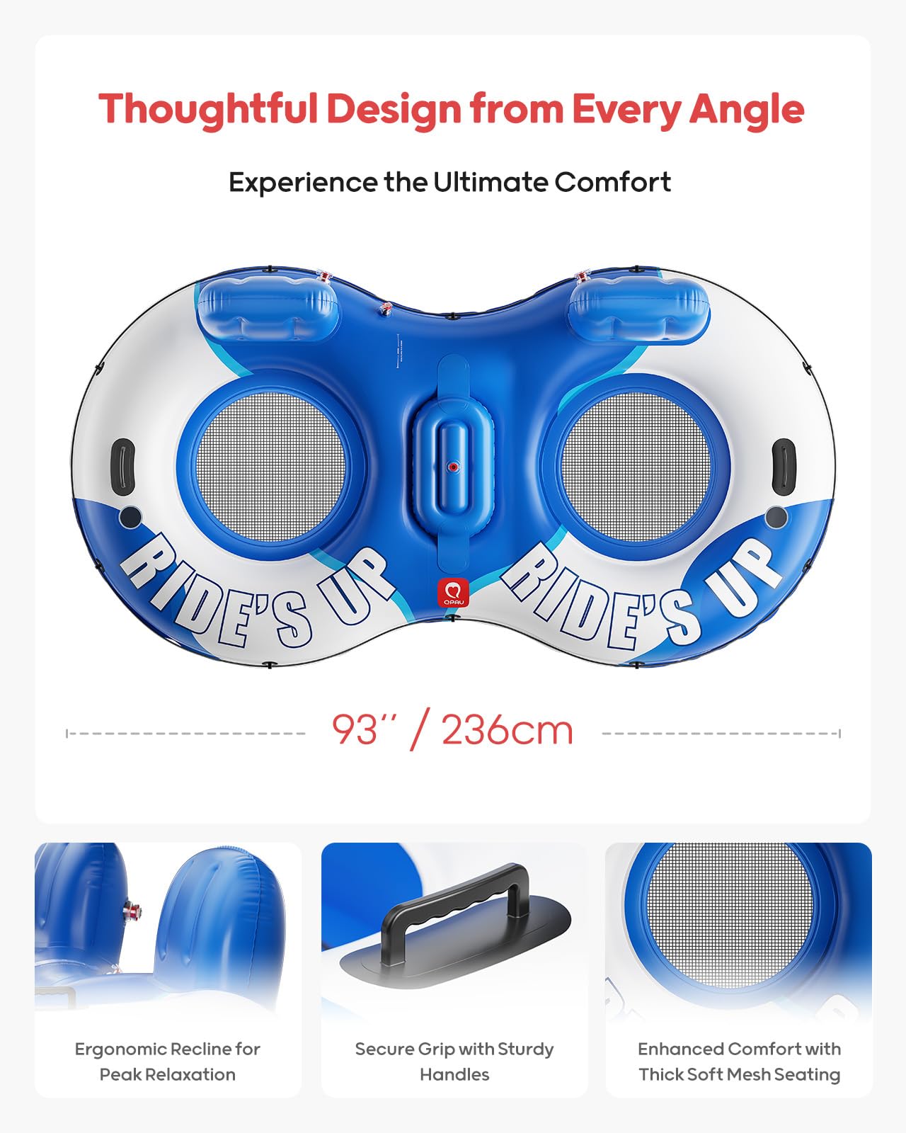 QPAU Tubo de flujo doble inflable, capacidad de 660 lb, resistente a perforaciones de 93 pulgadas, flotador de río resistente, balsa de río con respaldo ergonómico, radiador, soporte para copa