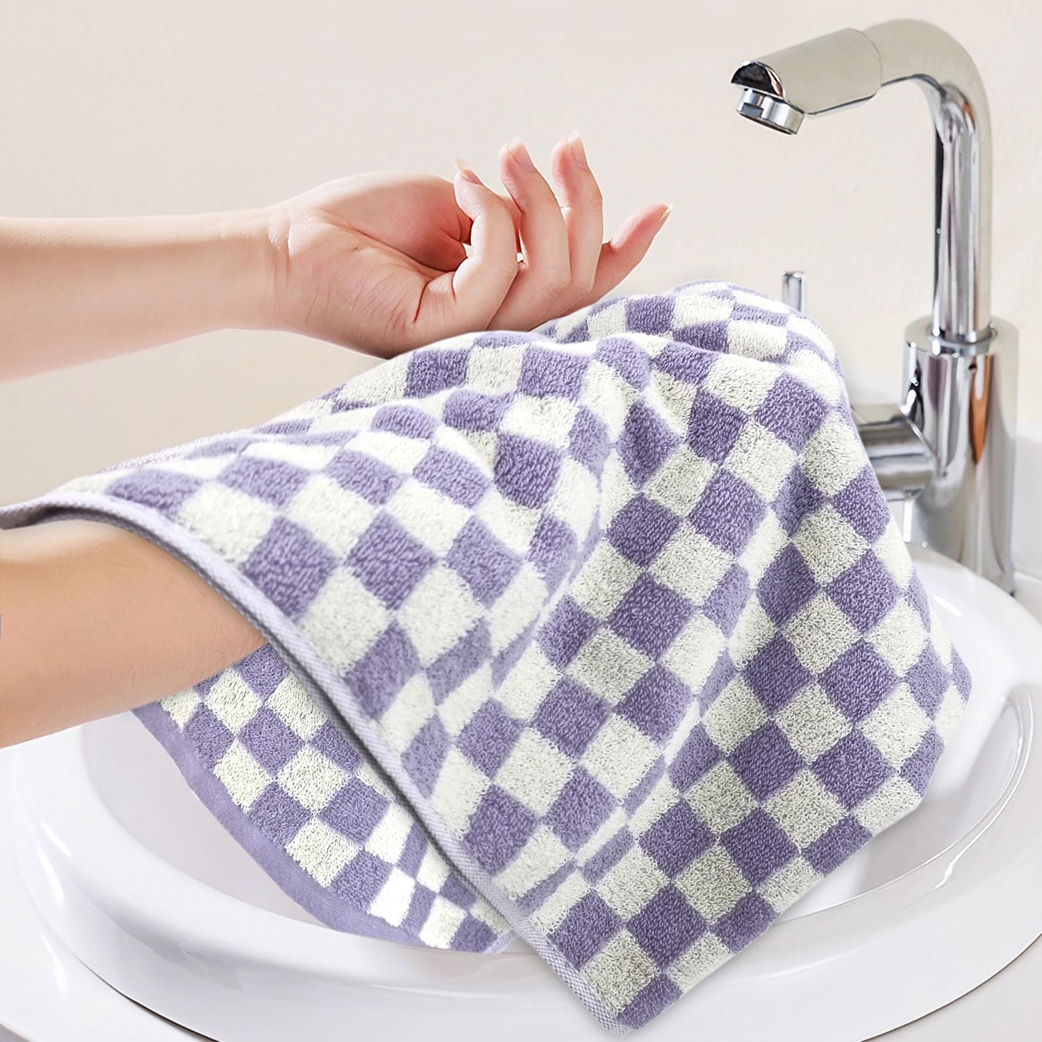Hand Towel for Bathroom Guest Room Home - 100% Cotton Face Towel Set Lilac Checkered, Extra Soft, Absorbent 4-Piece for Daily Use