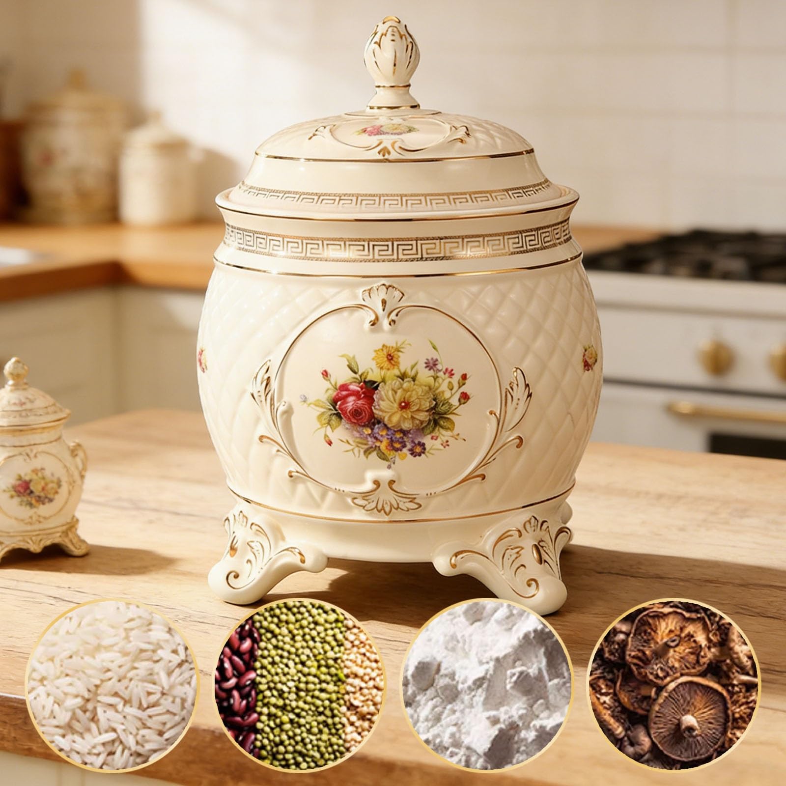 Tarro de arroz de cerámica con tapa hermética, recipiente de almacenamiento de alimentos para aperitivos, granos de café, harina y frutas secas