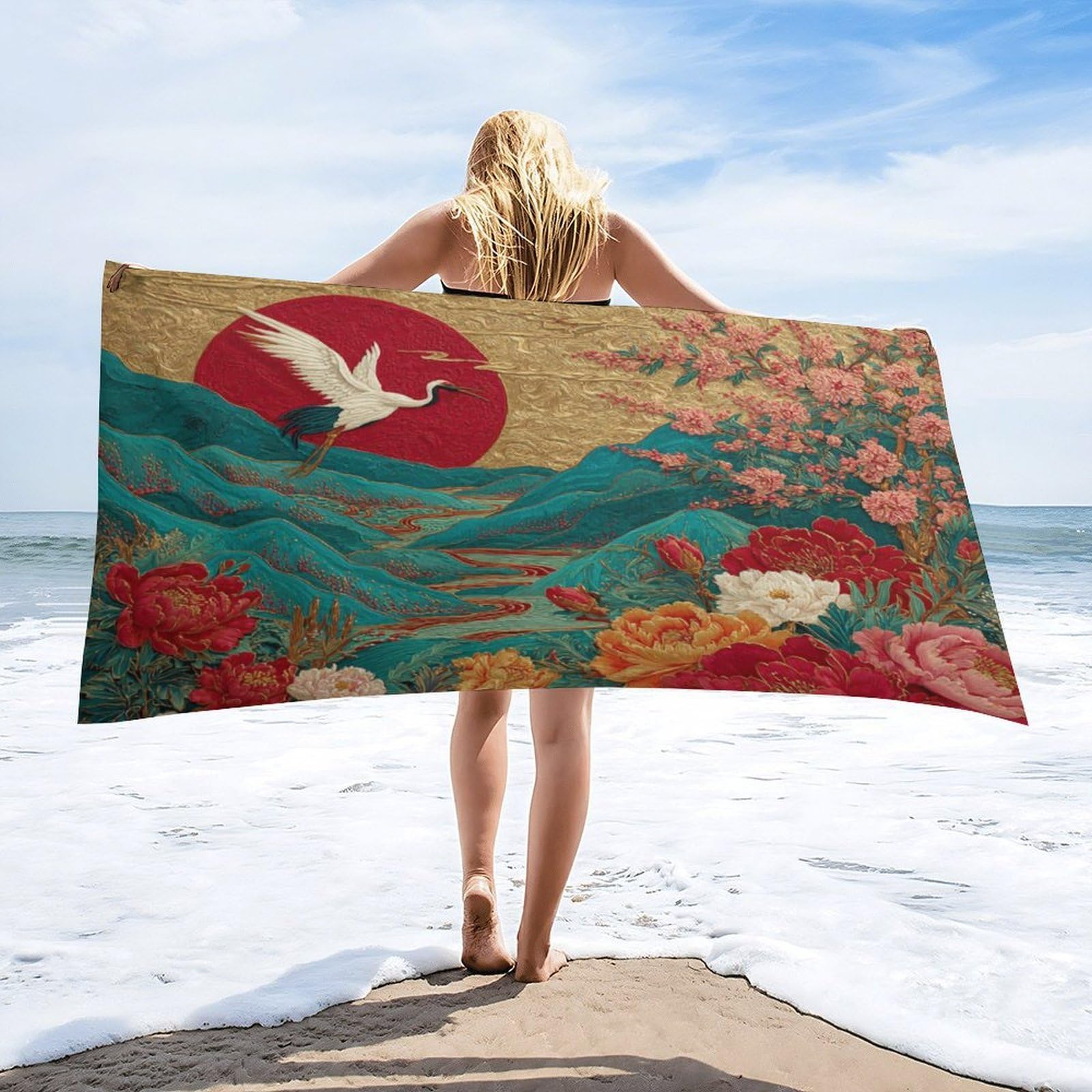 Luyysky Vintage Realistic Animal Crane Absorbent Beach Towel, Beautiful Watercolor Japanese Red Sun Peonies Cherry Blossoms Outdoor Single-Sided Velvet Beach Towel-80 W Cm X 160" L Cm