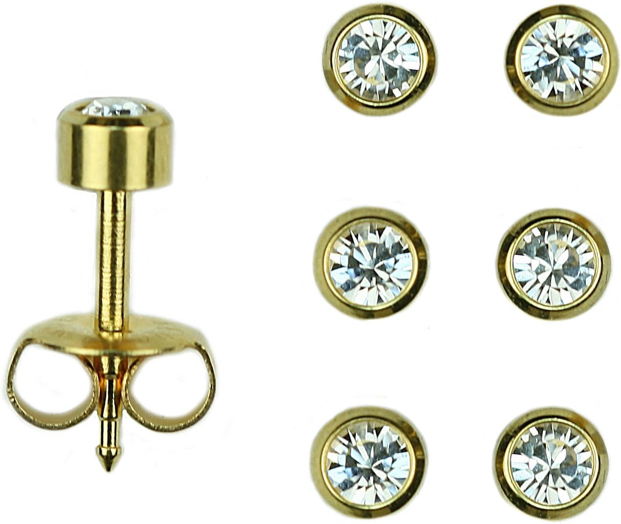 Set Of 3 Pairs 24K Gold Over Surgical Stainless Steel April RD3.0mm Bezel Setting Stud Earrings