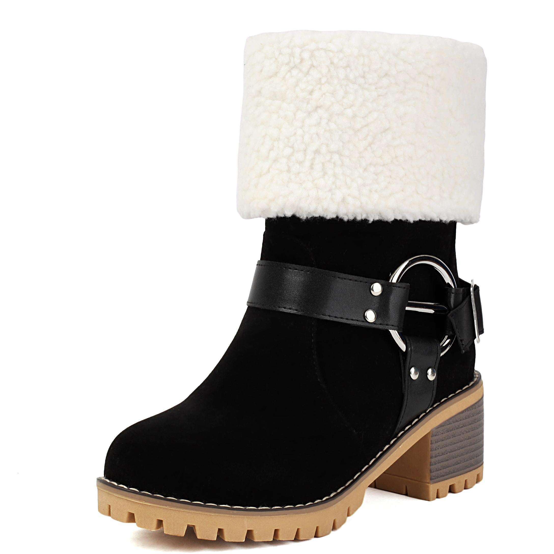 Elbslutt Womens Winter Fur Ankle Boots Suede Round Toe Platform Chunky Block Mid Heel Slip On Warm Short