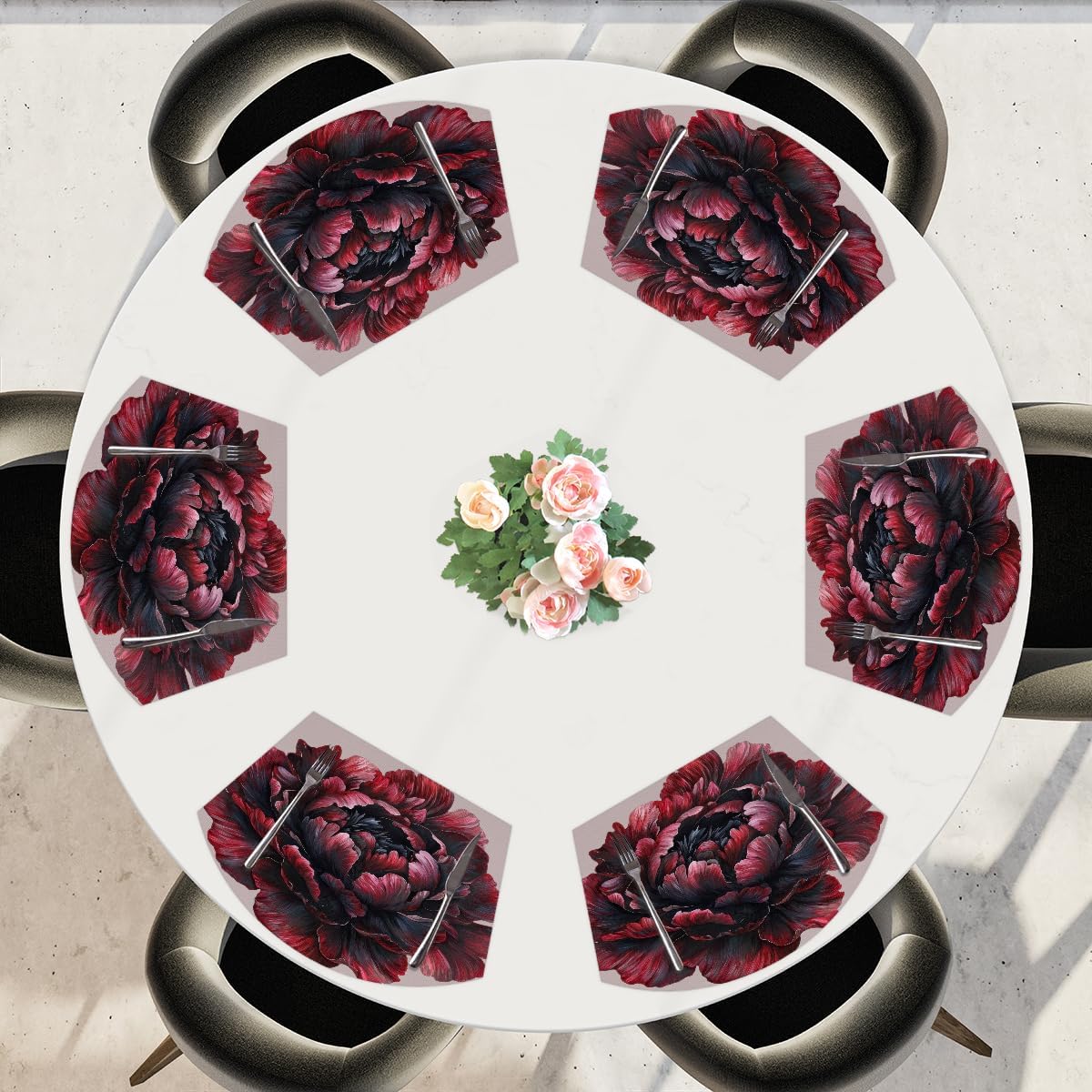 Vintage Peony Flower Wedge Placemats Set of 6pcs PVC Washable Wedge Place mats Round Table mat Wipeable Plastic Dining Table mats for Kitchen Indoor Outdoor Patio Table Decor