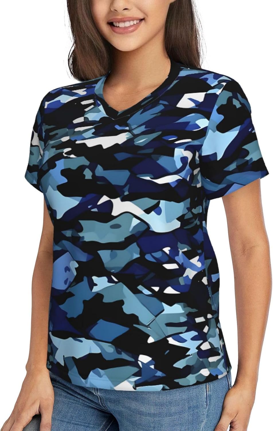 Womens Blue Camouflage Print Print Short Sleeve V Neck T-Shirts Casual Breathable Tee Basic Summer Tops 2026