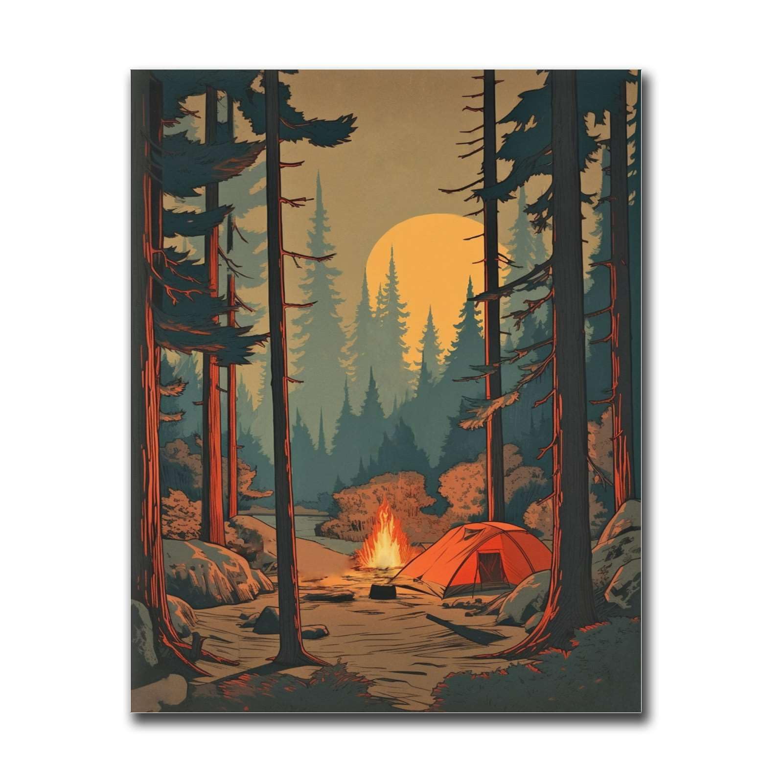 Poster Wall Art Print Vintage Campfire Forest Wall Art Nature Poster Print Retro Style Artwork Modern Home and Bedroom Decoration 12x18inch Without Frame