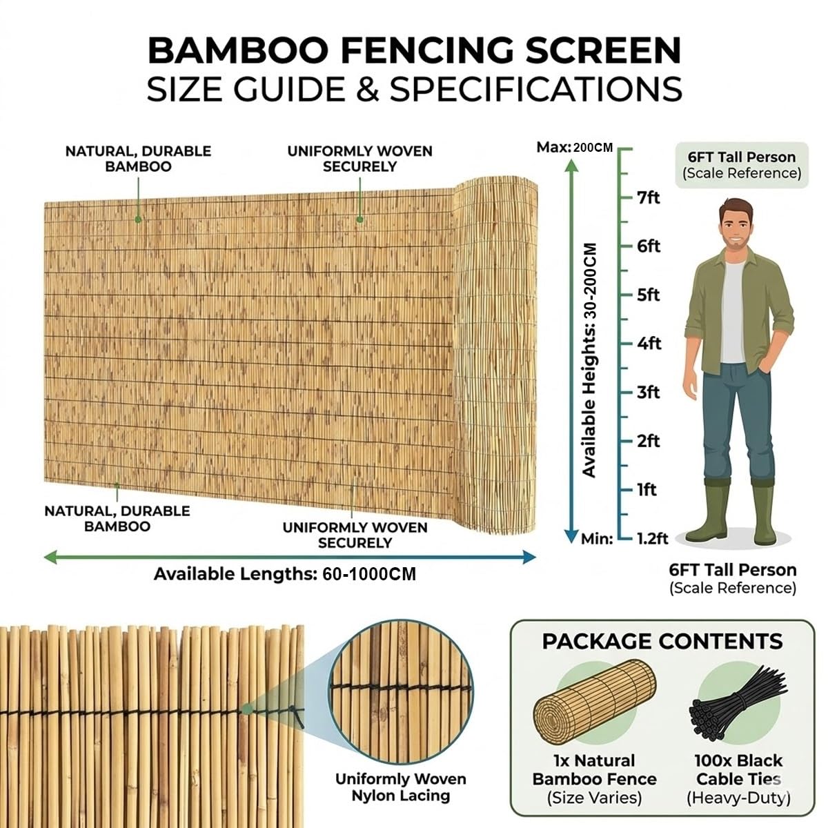 Canisse en Roseau Naturel, Hauteur 30-240cm Rouleau de Clôture en Bambou, Clôture Brise Vue Balcon Imperméable pour Exterieur Terrasse Piscine Séparateur Décoratif, Tapis Bambou(Nature,200x650cm)