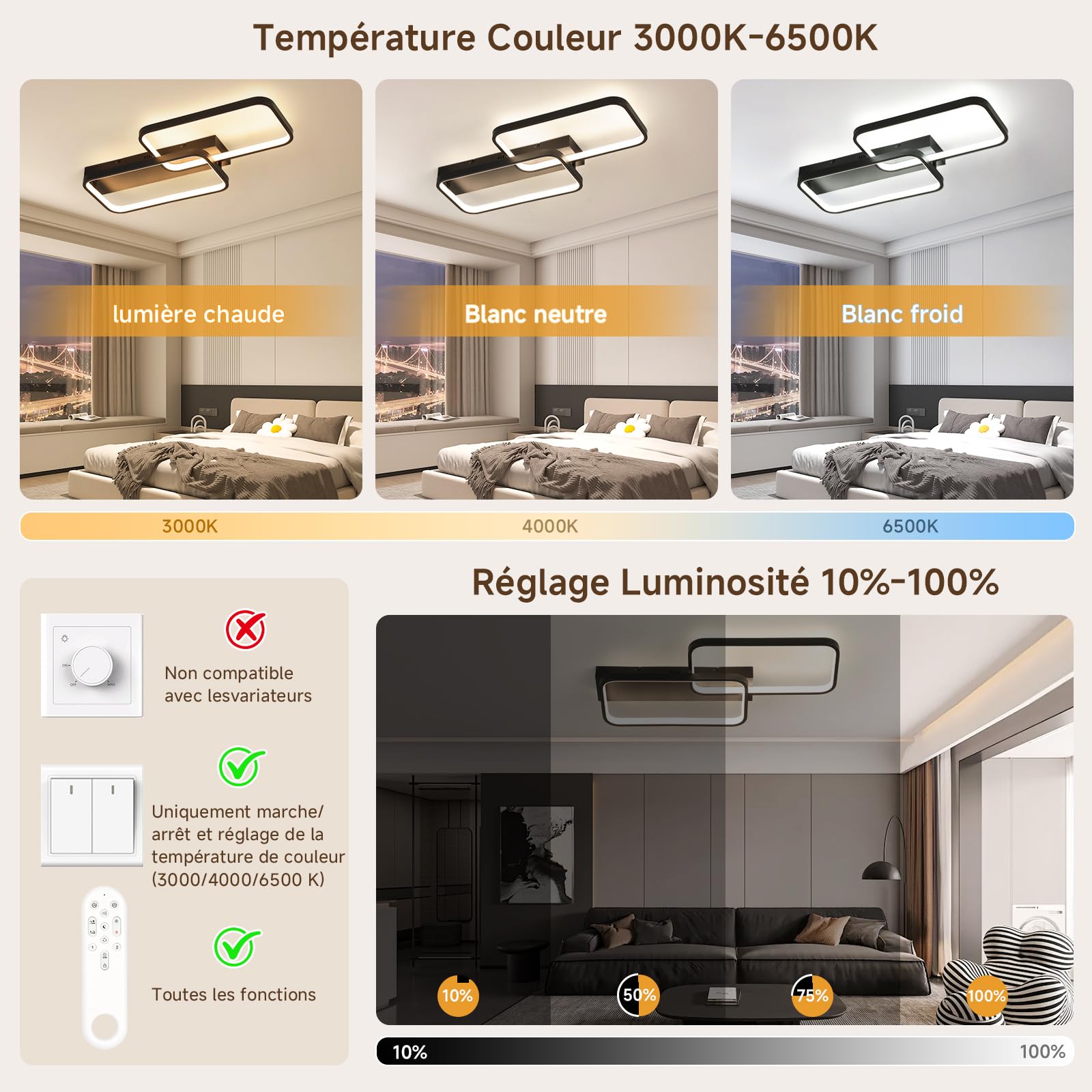 OTREN Plafonnier LED 40W 4000lm, Réglable avec Télécommande 3000K-6500K, Mémoire et Verrouillage, Lumière Nocturne et Minuteur pour Salon, Chambre, Cuisine,61cm Noir