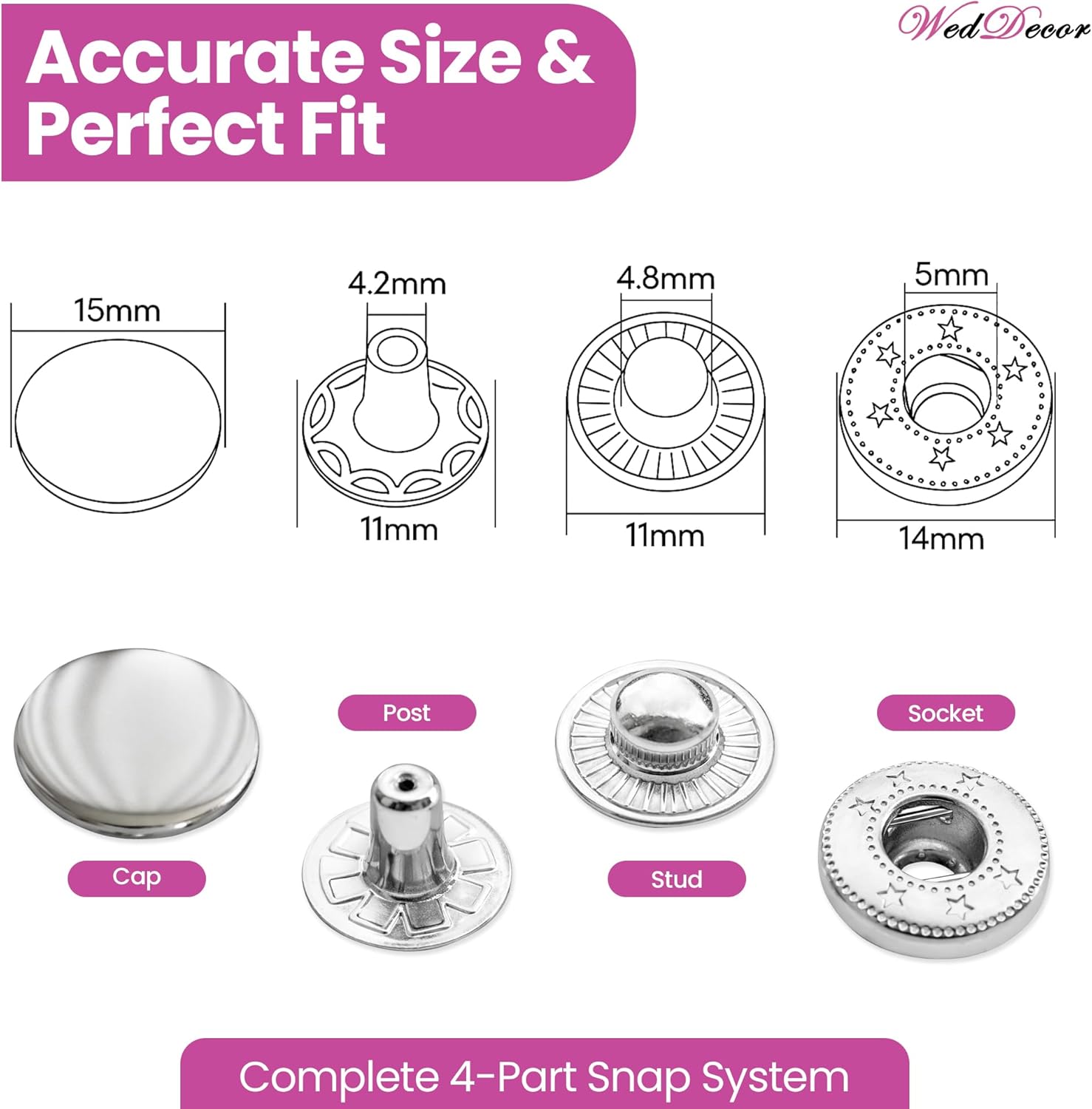 Weddecor 50 Sets Shiny Black Snap Fasteners Large 4 Parts Press Studs Durable Metal No-sew Buttons for Leathercraft, Sewing, Jackets, Shirts, Fabric Repair DIY Projects, 15mm