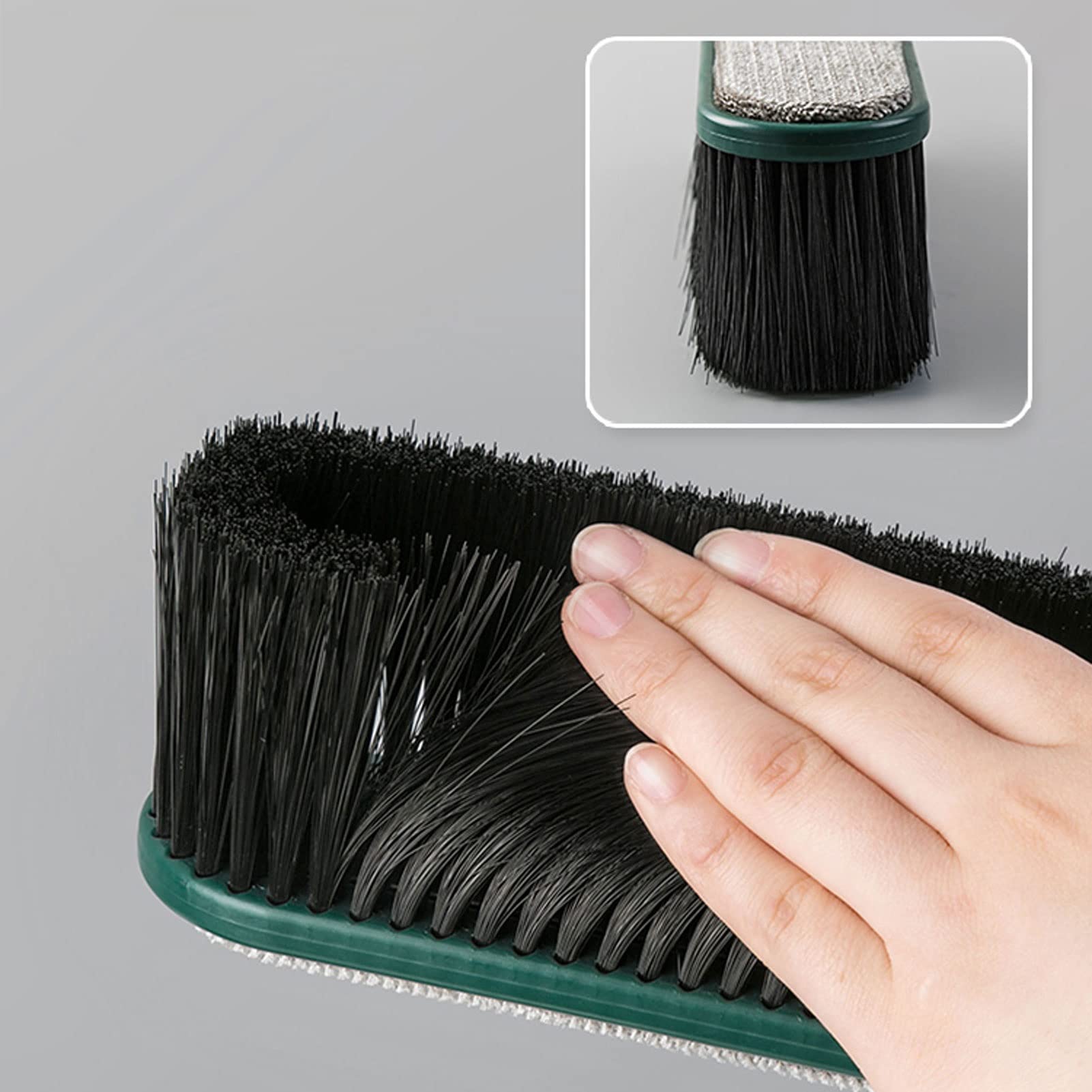 Escoba de mano verde y removedor de pelo de ropa, cepillo de cerdas suaves para sofá, alfombras y mostrador, ideal para eliminar el pelo de mascotas y el polvo fino