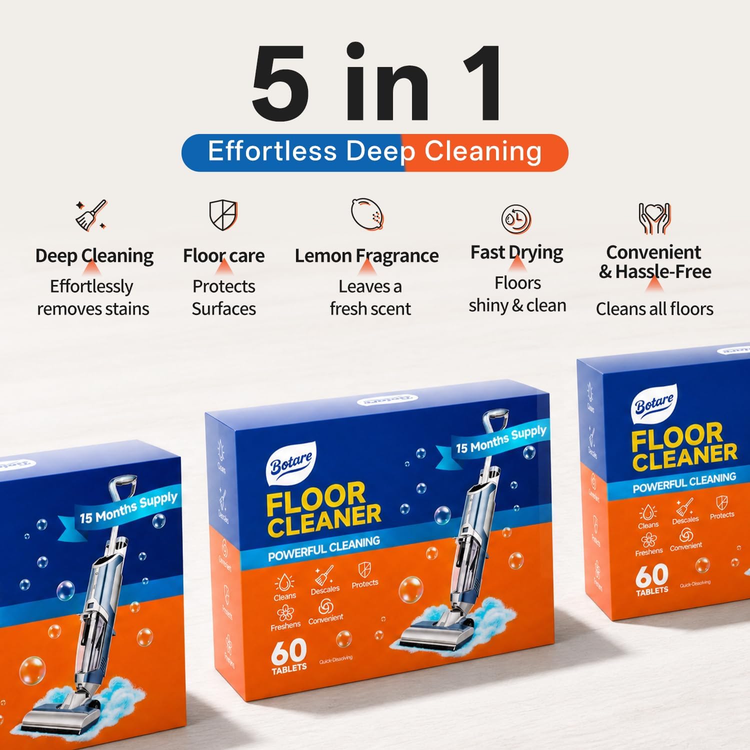 Floor Cleaner Tablet, 60 Pack for Wood, Hardwood, Tile, Laminate, Marble, Porcelain Multiple Hard Floors, Lemon Secent