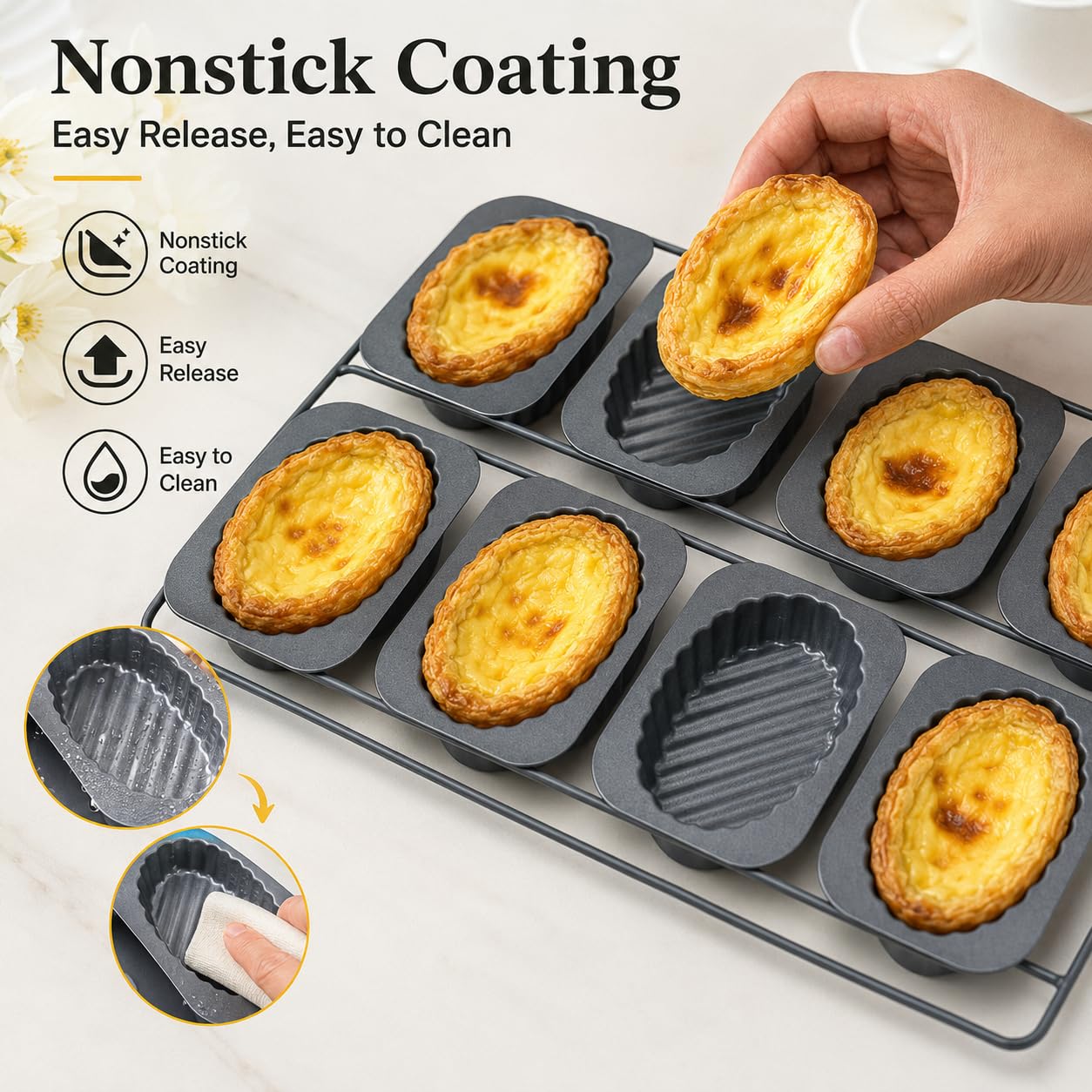 Paquete De 2 Moldes Ovalados Para Tartas De 8 Cavidades,Antiadherente | Revestimiento antiadherente para una fácil liberación, resistente al calor hasta 230 grados
