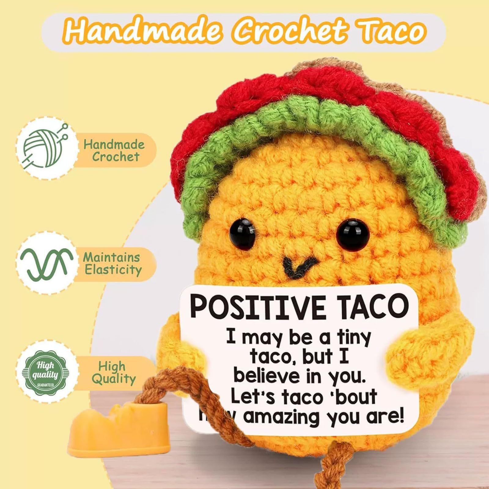 Mini Crochet Long Legged Positive Taco, Emotional Inspirational Support Mother’s Day Birthday Gifts for Women Mom Daughter Son Sister Friend Coworkers Men Funny Christmas Easter Gifts Desk Decor