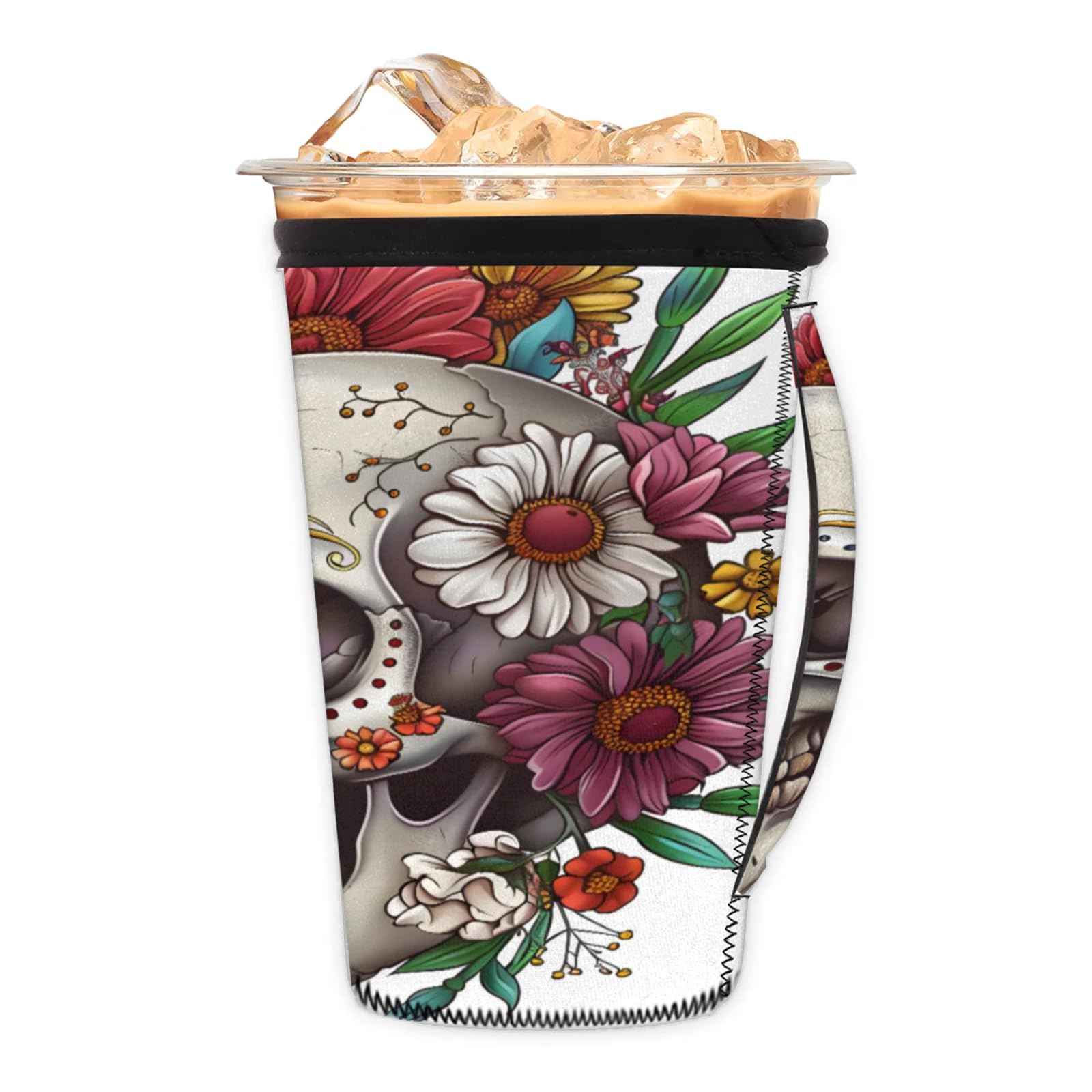Beautiful Skull Flowers Reusable Neoprene Coffee Sleeve with Handle Insulated Iced Coffee Cup Holder Reduces Condensation Fits 24-28 oz Cups M