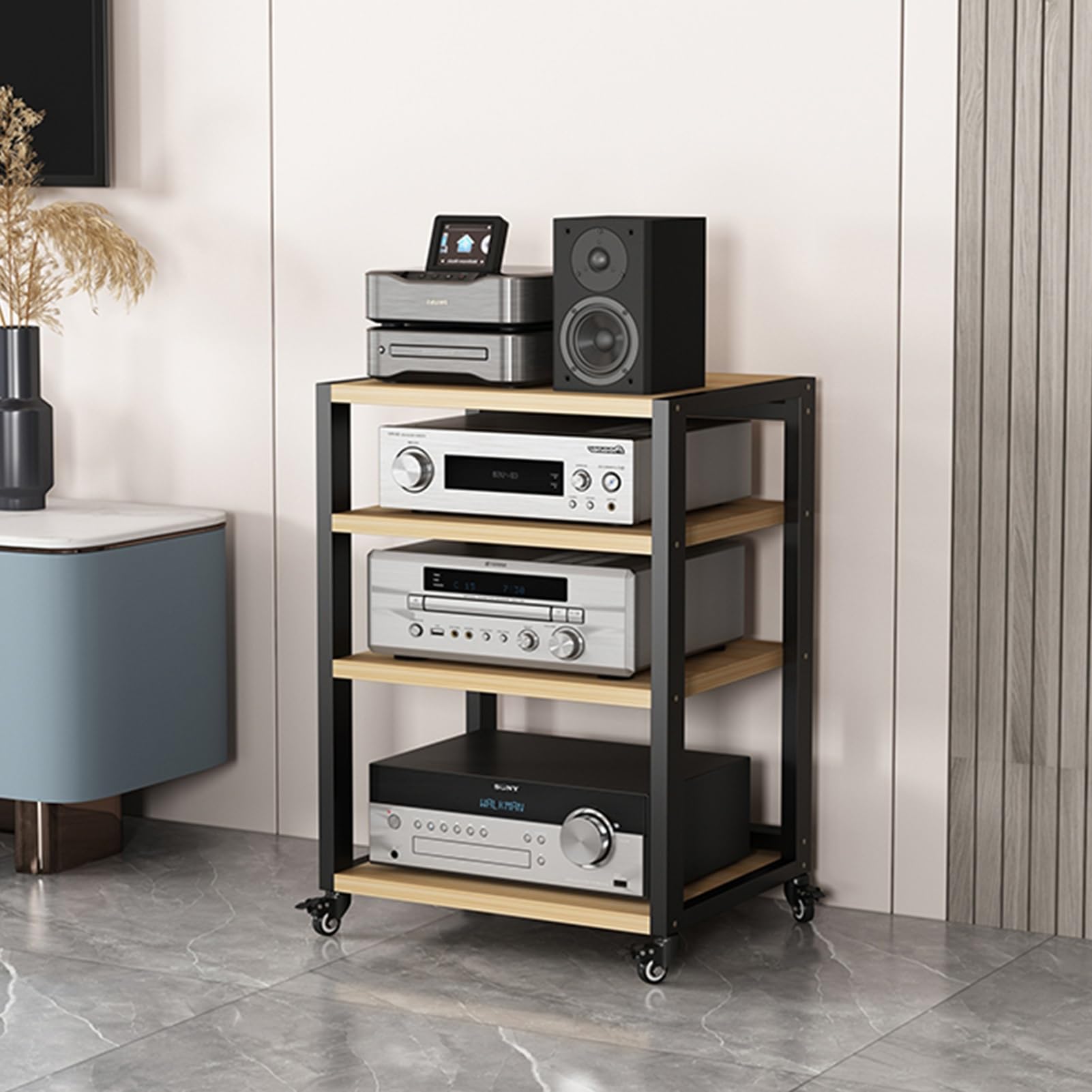 4/5-Tier Movable AV Media Player Stand Wooden Corner Shelf Audio Stand Entertainment Center Stereo Component Cabinet Multi-Function Open Storage Rack for Home/Office/Theater (Size : 4 Tier)