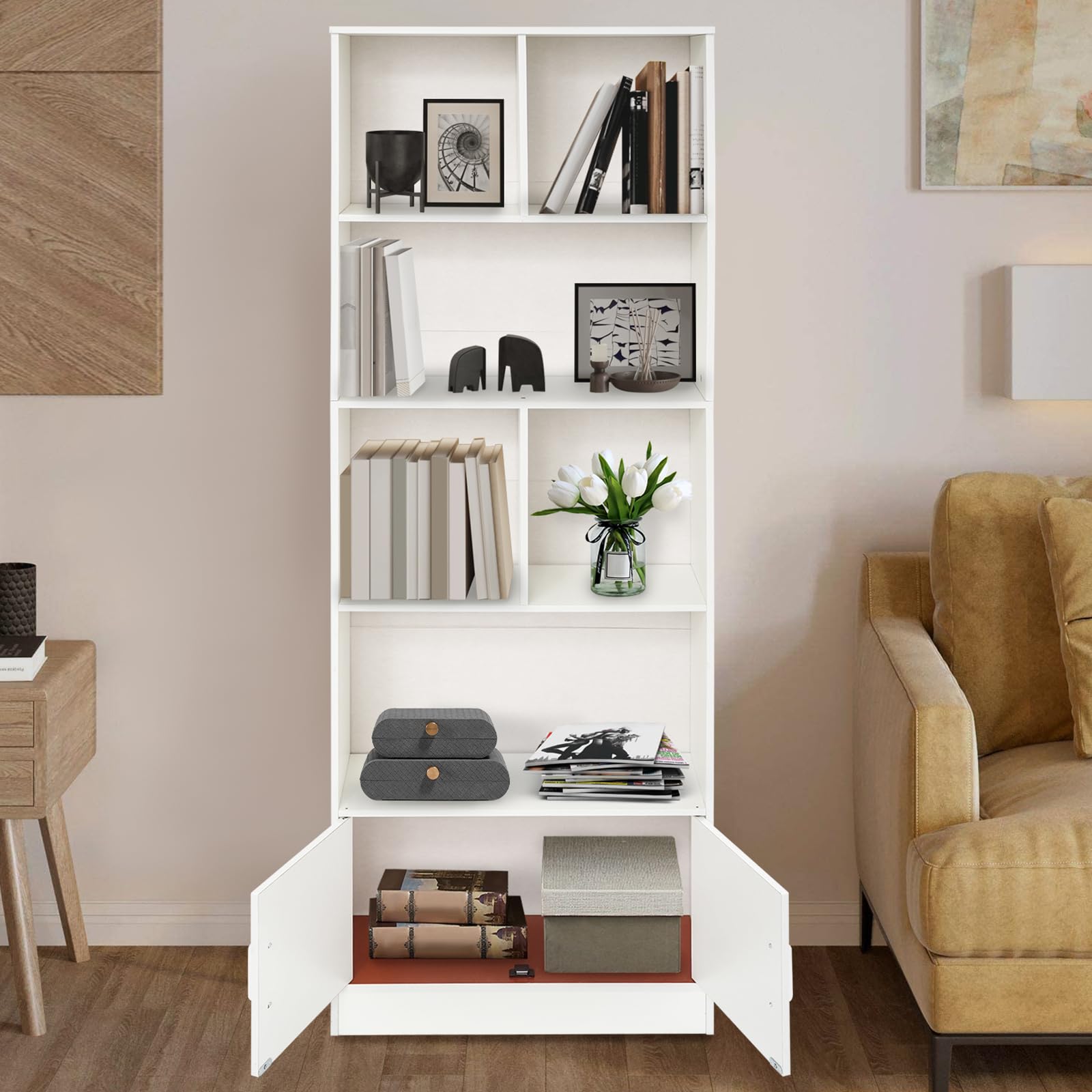 Estantería, estantería con 2 puertas, 6 compartimentos, estantería alta con 5 niveles, estantería escalonada, estantería de pie, para salón, oficina, cocina, 60 x 23 x 178,2 cm, color blanco